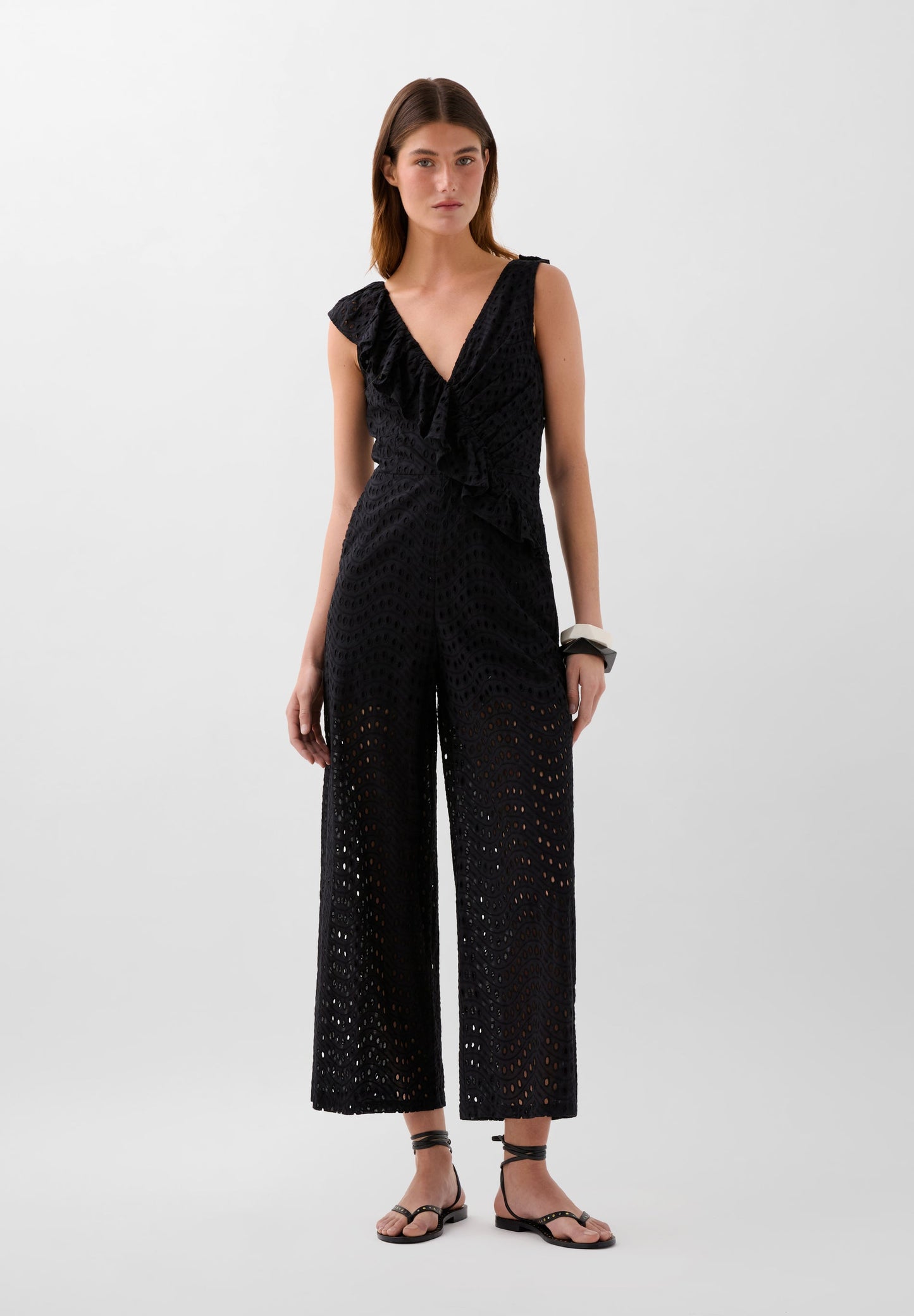 ASYMMETRIC EMBROIDERED RUFFLE JUMPSUIT