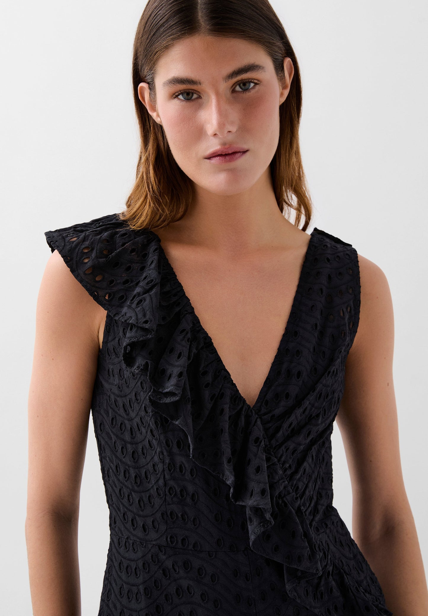 ASYMMETRIC EMBROIDERED RUFFLE JUMPSUIT