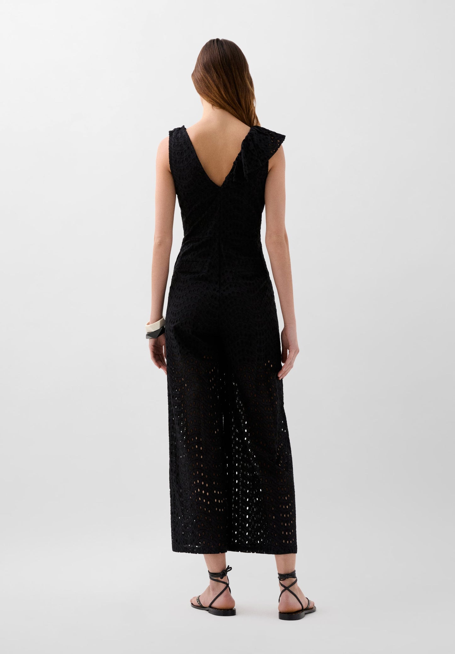 ASYMMETRIC EMBROIDERED RUFFLE JUMPSUIT