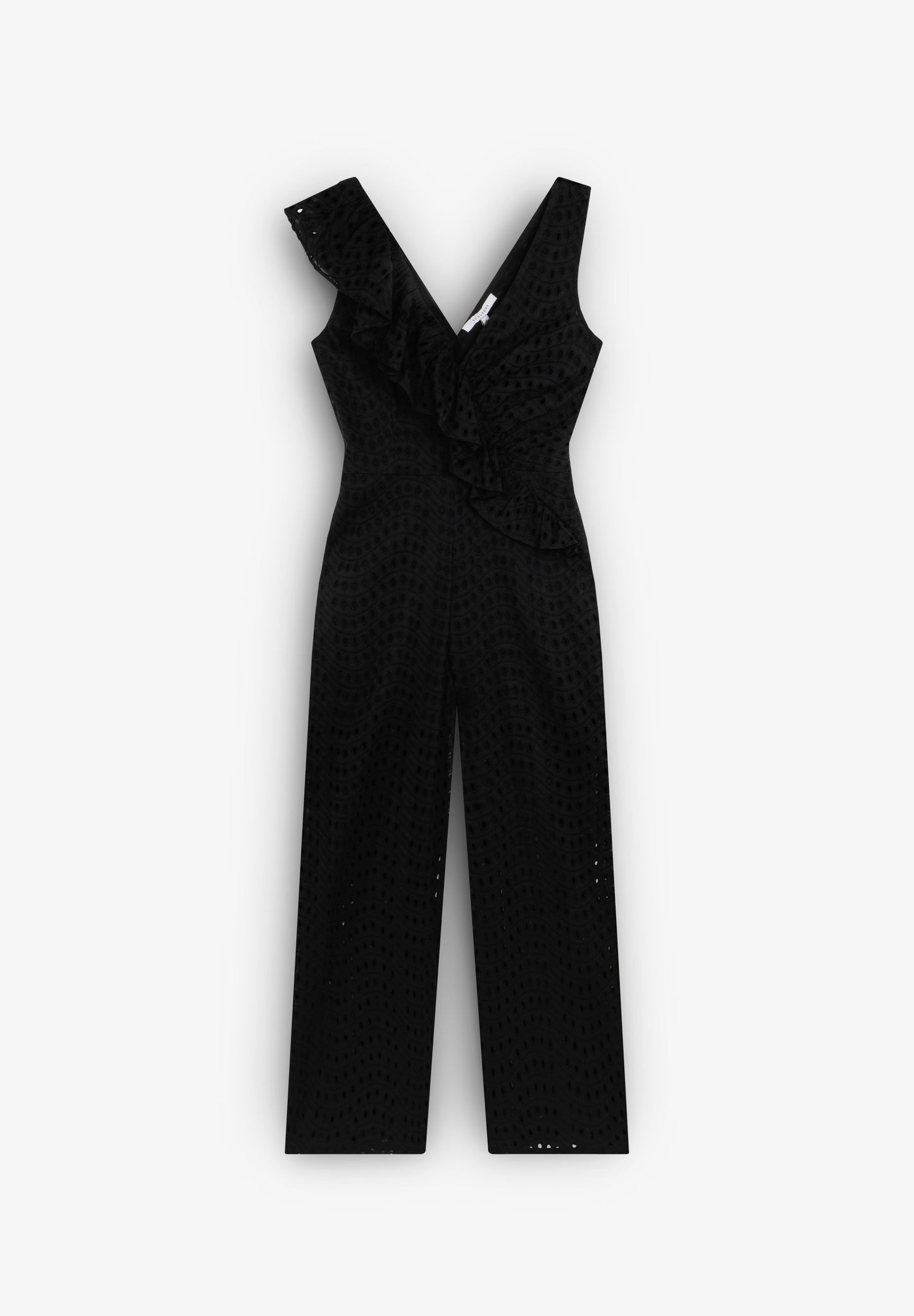 ASYMMETRIC EMBROIDERED RUFFLE JUMPSUIT