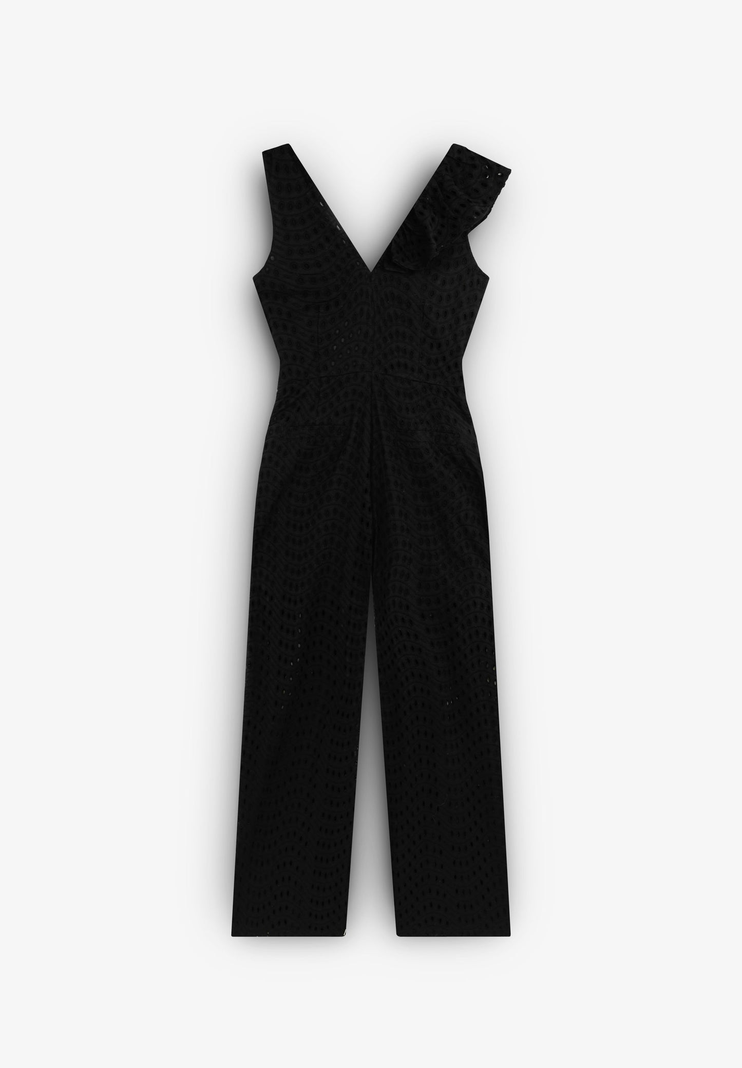 ASYMMETRIC EMBROIDERED RUFFLE JUMPSUIT
