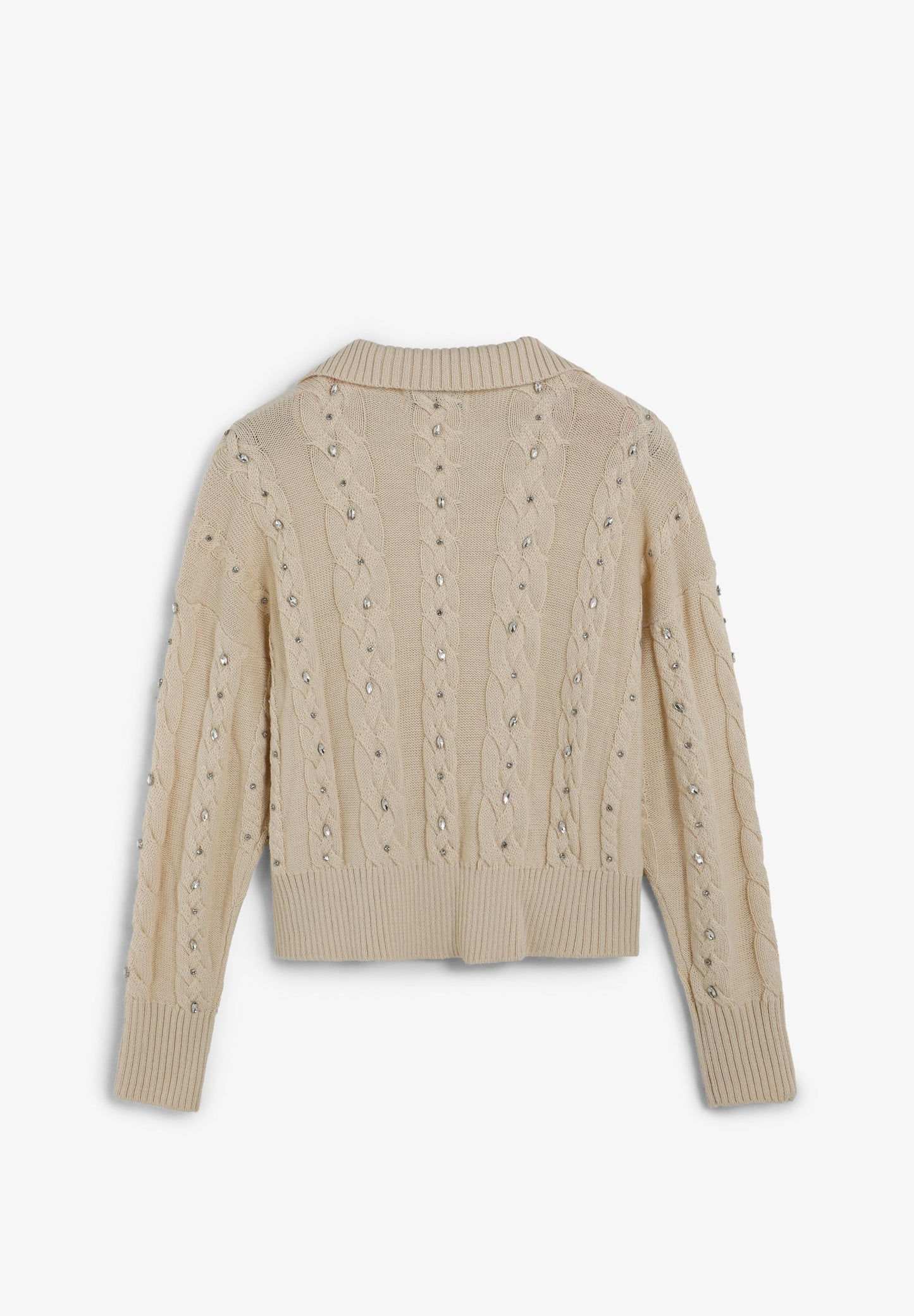 CABLE KNIT POLO SWEATER WITH RHINESTONES