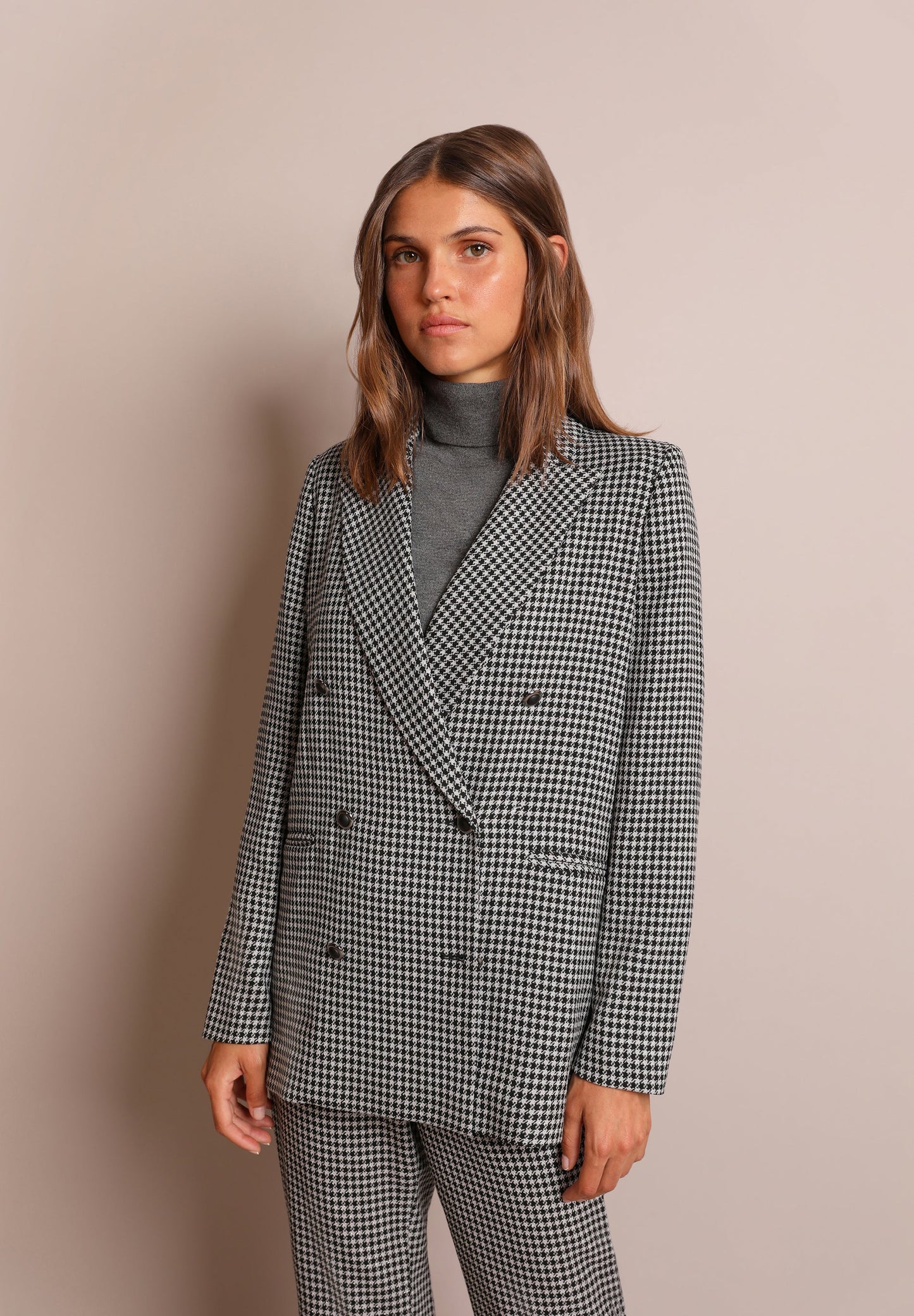 DOUBLE-BREASTED BLAZER WITH METALLIC CHECK PRINT