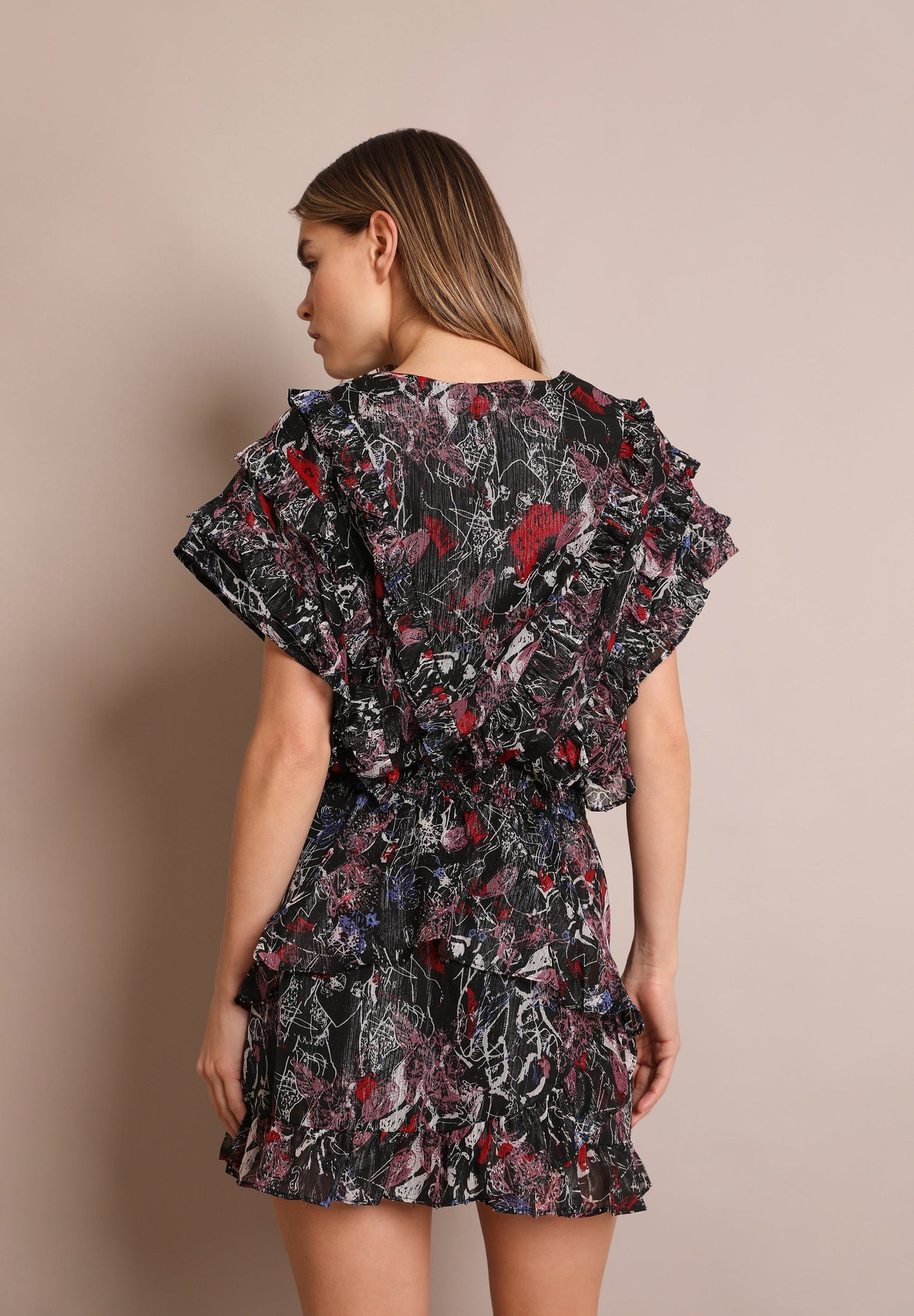 PRINTED METALLIC MINI DRESS