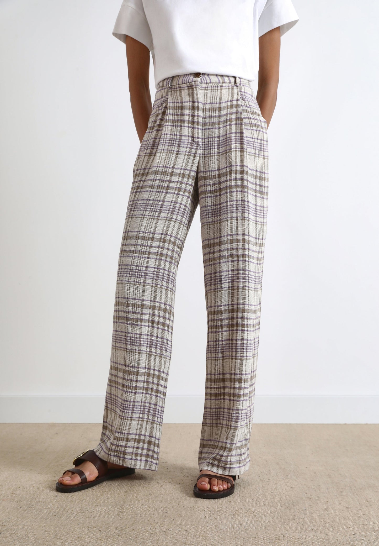 CHECKED LINEN TROUSERS