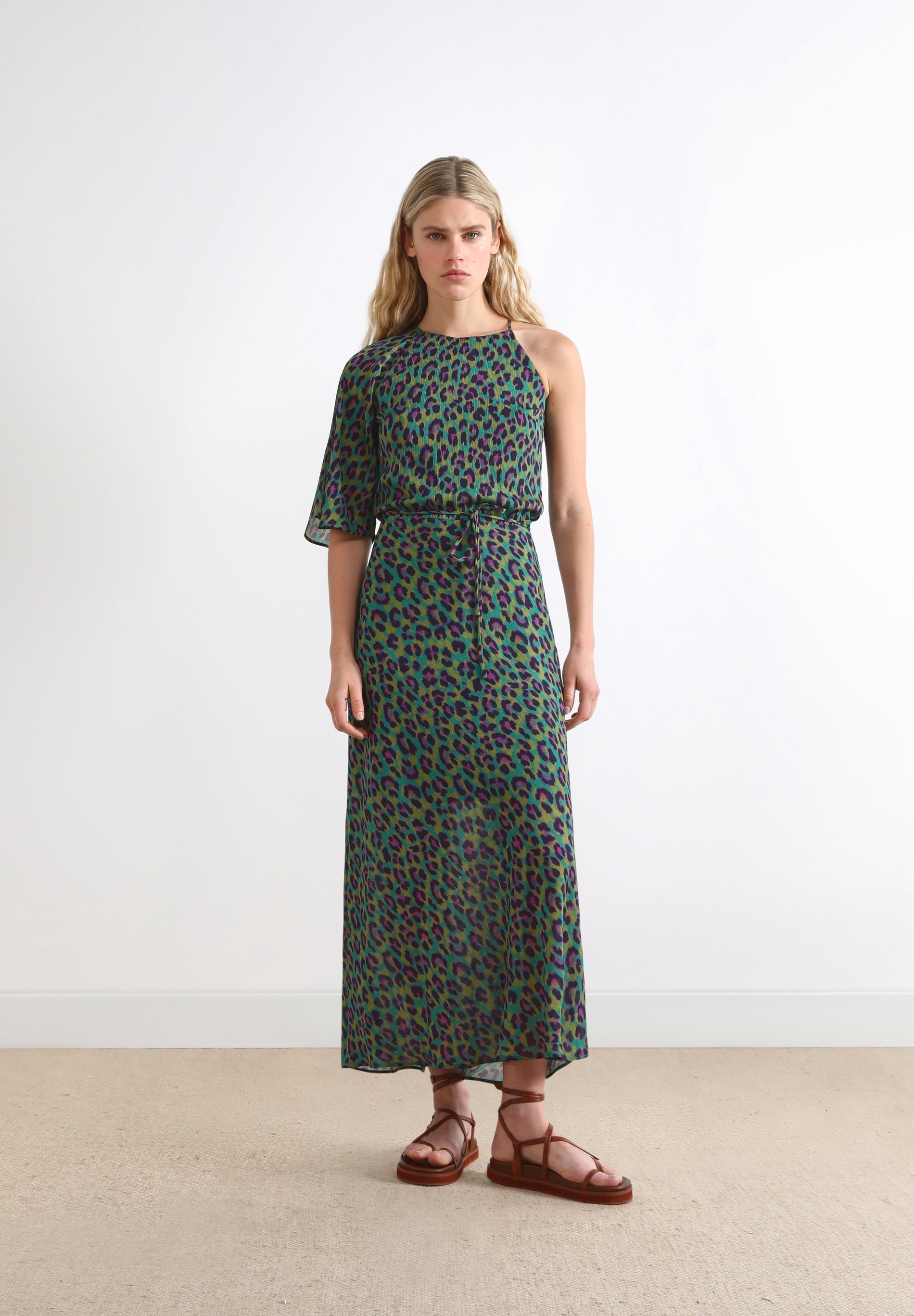 LONG ANIMAL PRINT ASYMMETRIC DRESS