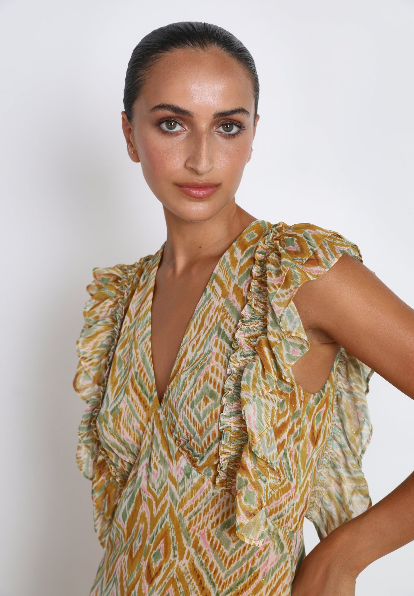 MIDI DRESS WITH RUFFLED SLEEVES