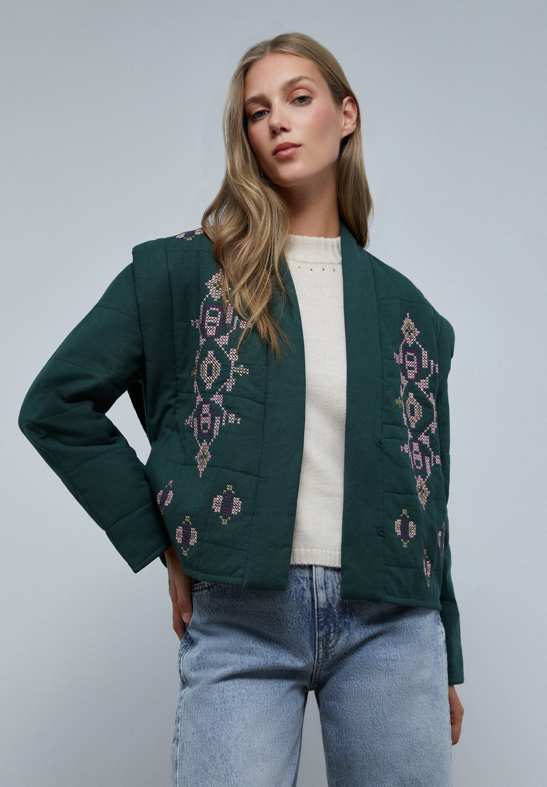 QUILTED CARDIGAN WITH EMBROIDERED DETAILS