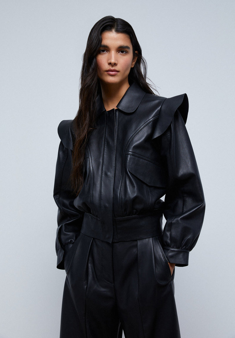 LEATHER JACKET WITH SHOULDER FRILL