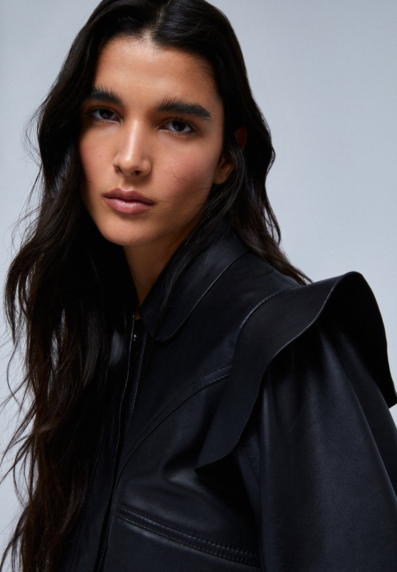 LEATHER JACKET WITH SHOULDER FRILL