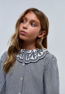 GINGHAM BLOUSE WITH SWISS EMBROIDERY ON COLLAR