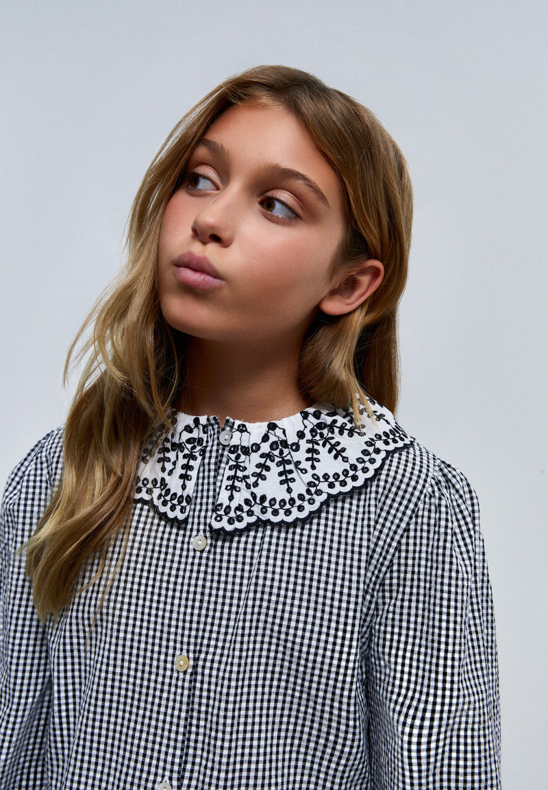 GINGHAM BLOUSE WITH SWISS EMBROIDERY ON COLLAR