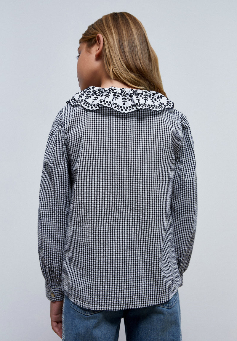 GINGHAM BLOUSE WITH SWISS EMBROIDERY ON COLLAR