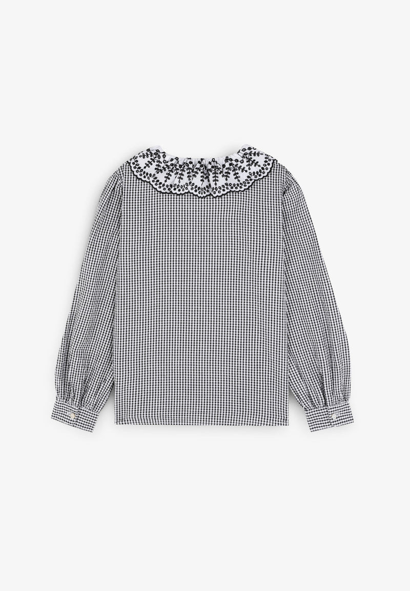 GINGHAM BLOUSE WITH SWISS EMBROIDERY ON COLLAR
