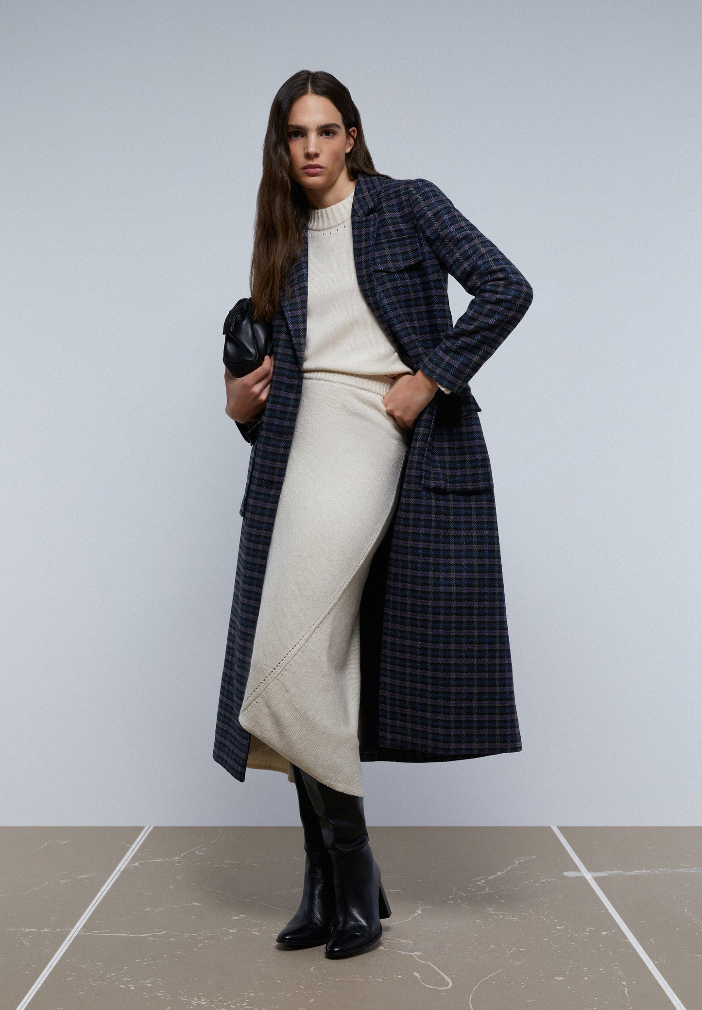 LONG CHECKED COAT WITH POCKETS
