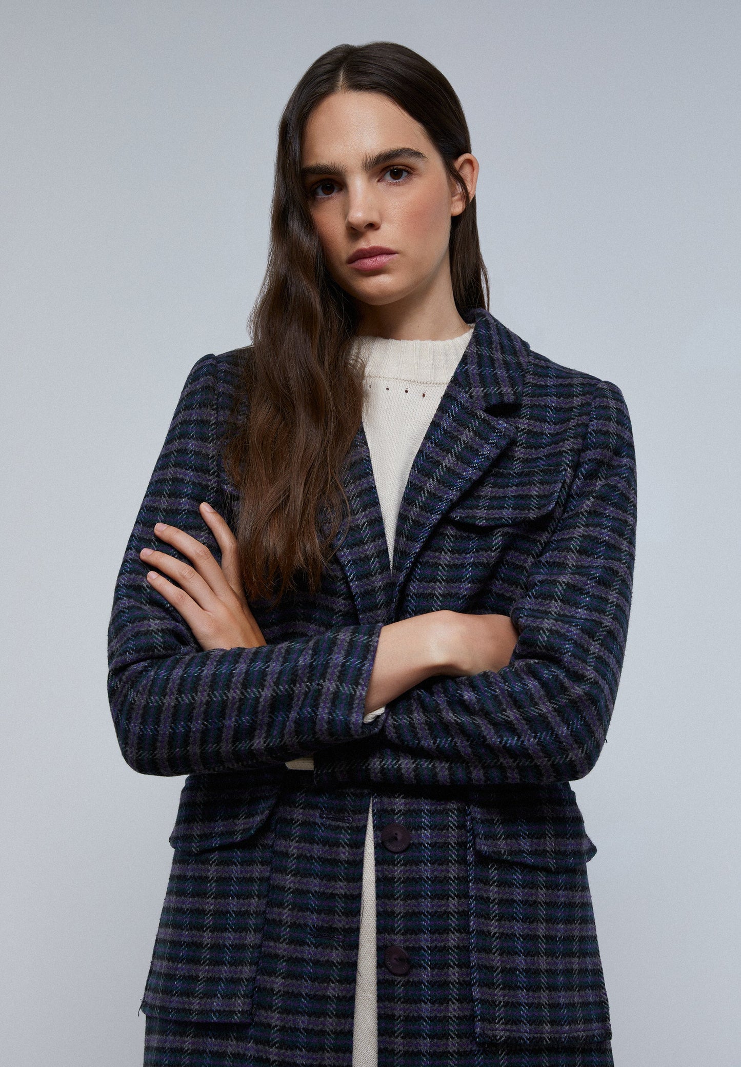 LONG CHECKED COAT WITH POCKETS