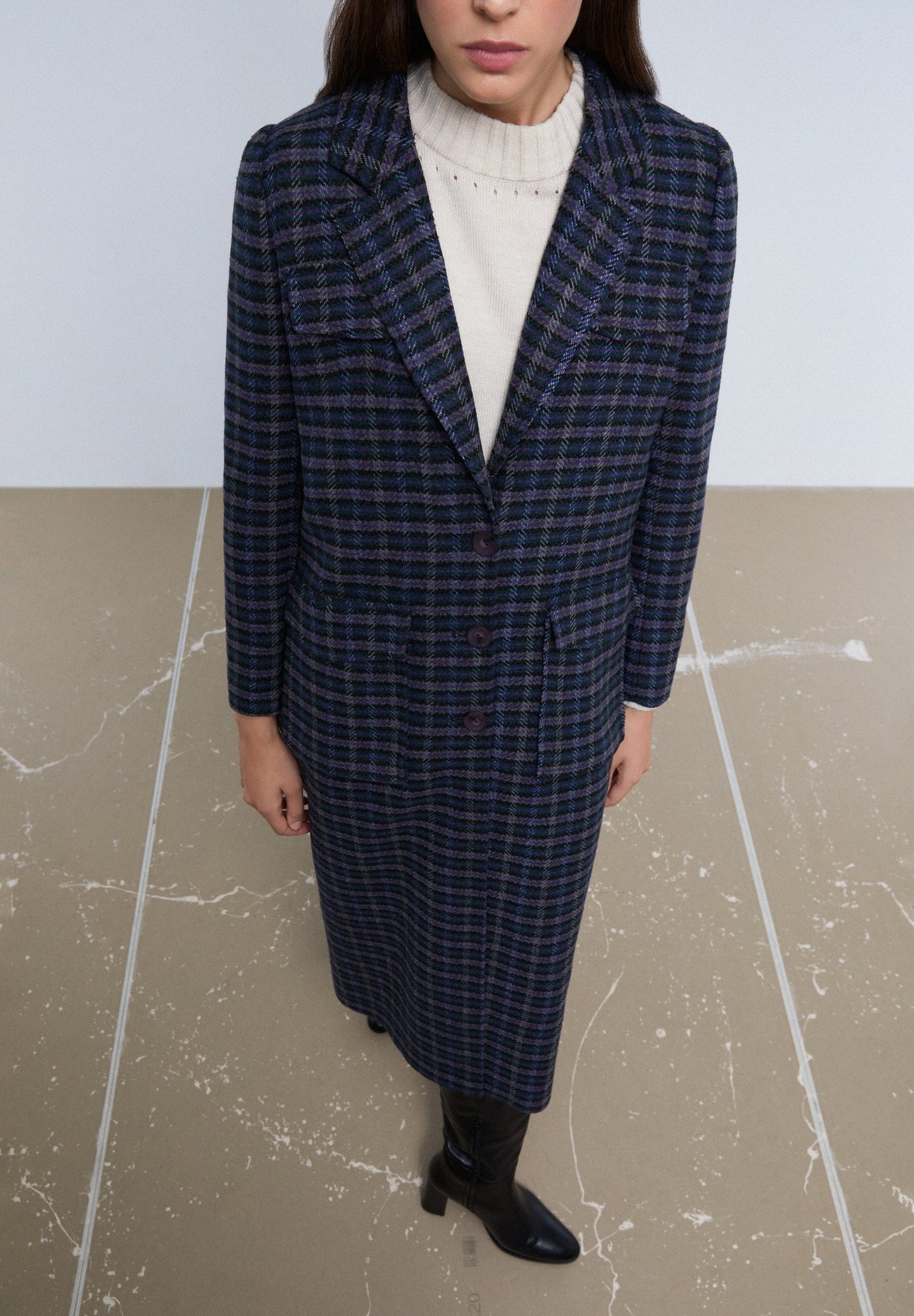 LONG CHECKED COAT WITH POCKETS