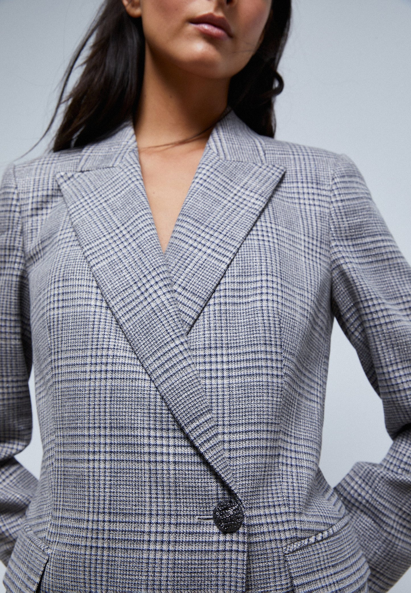 DOUBLE-BREASTED CHECK BLAZER WITH BUTTON