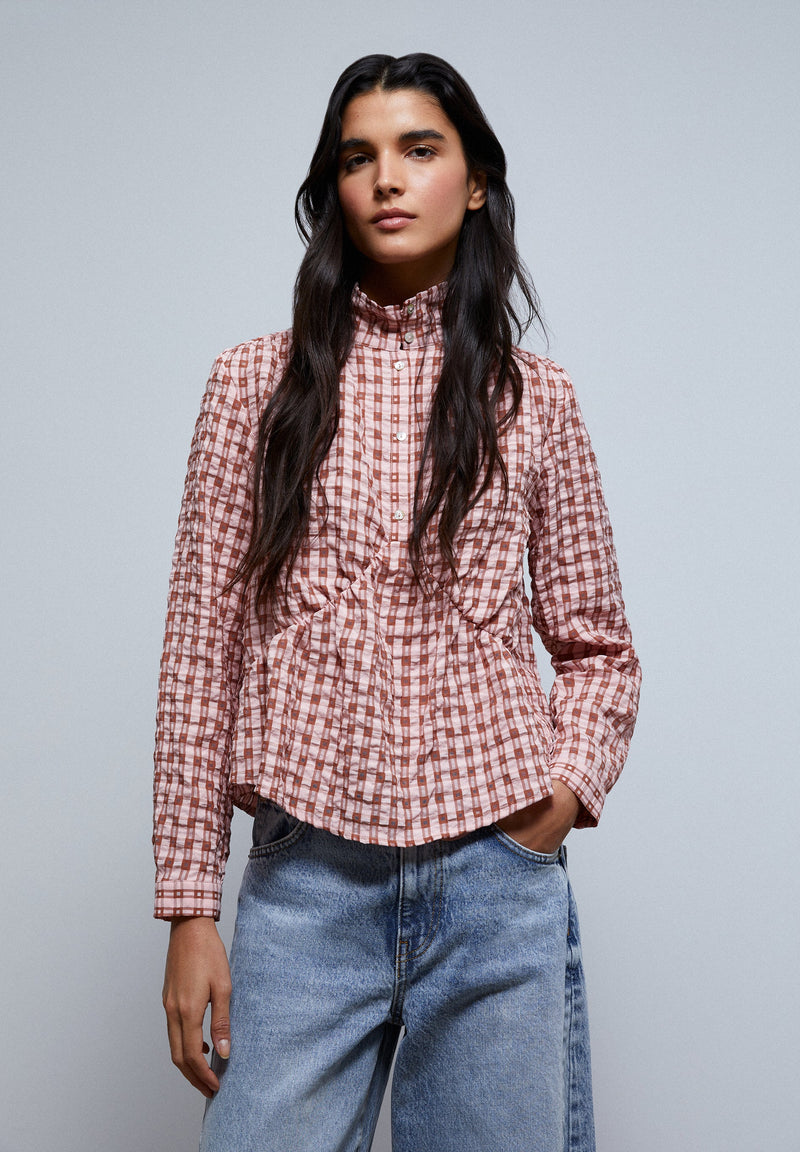 CHECK BLOUSE WITH RAISED COLLAR