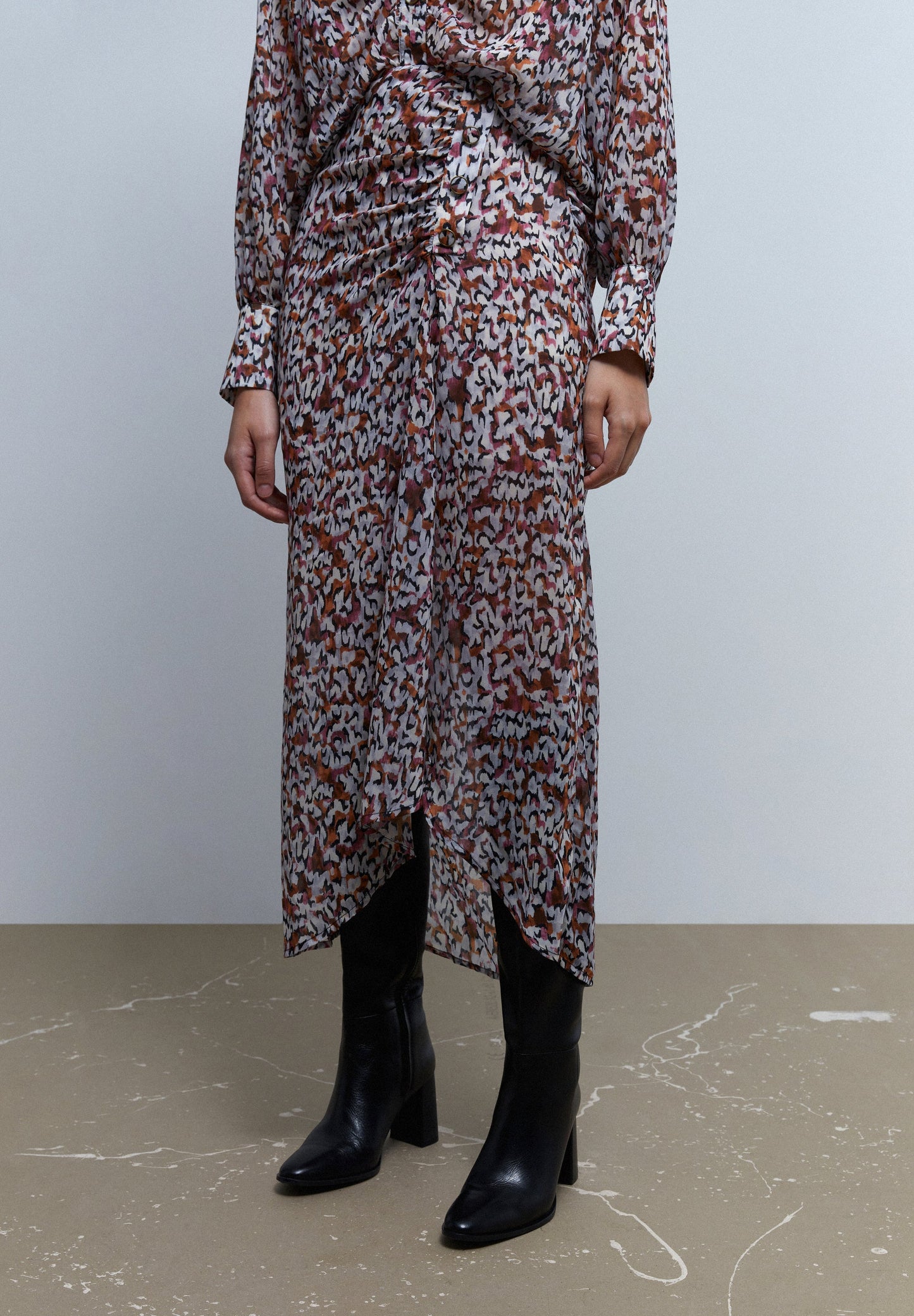 DRAPED PRINTED MIDI SKIRT