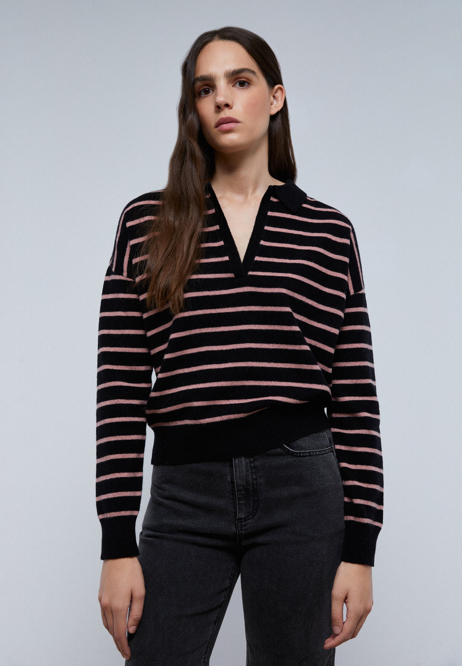 TWO-TONE STRIPE POLO SWEATER