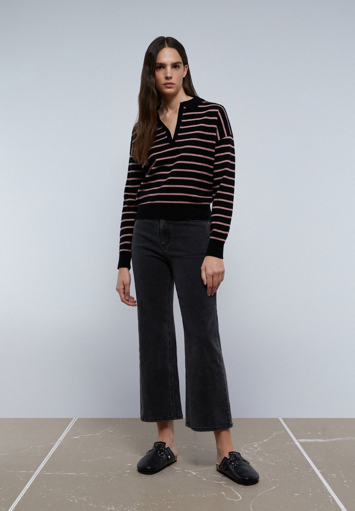 TWO-TONE STRIPE POLO SWEATER