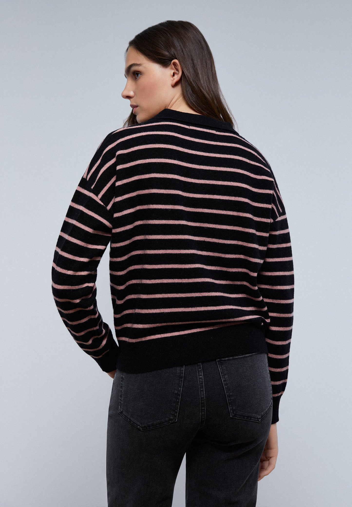 TWO-TONE STRIPE POLO SWEATER