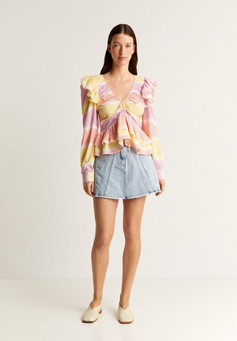 RUCHED MULTICOLOURED STRIPED BLOUSE