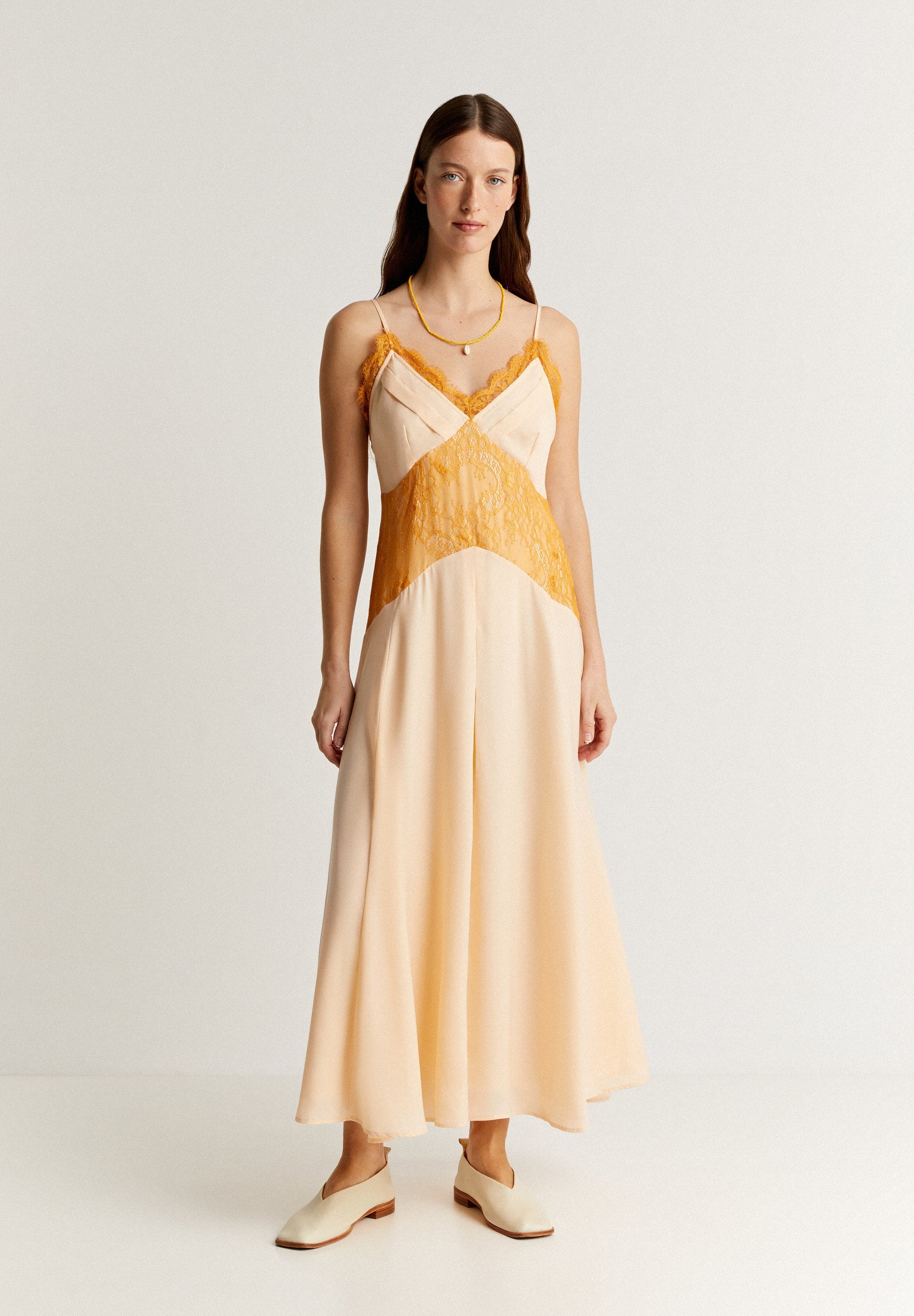LACE-TRIMMED MIDI SATIN DRESS