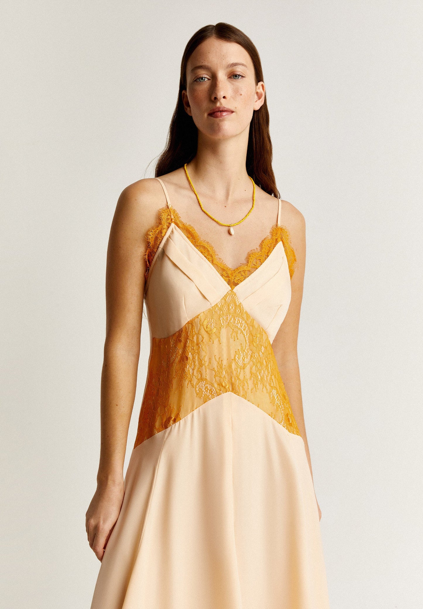 LACE-TRIMMED MIDI SATIN DRESS