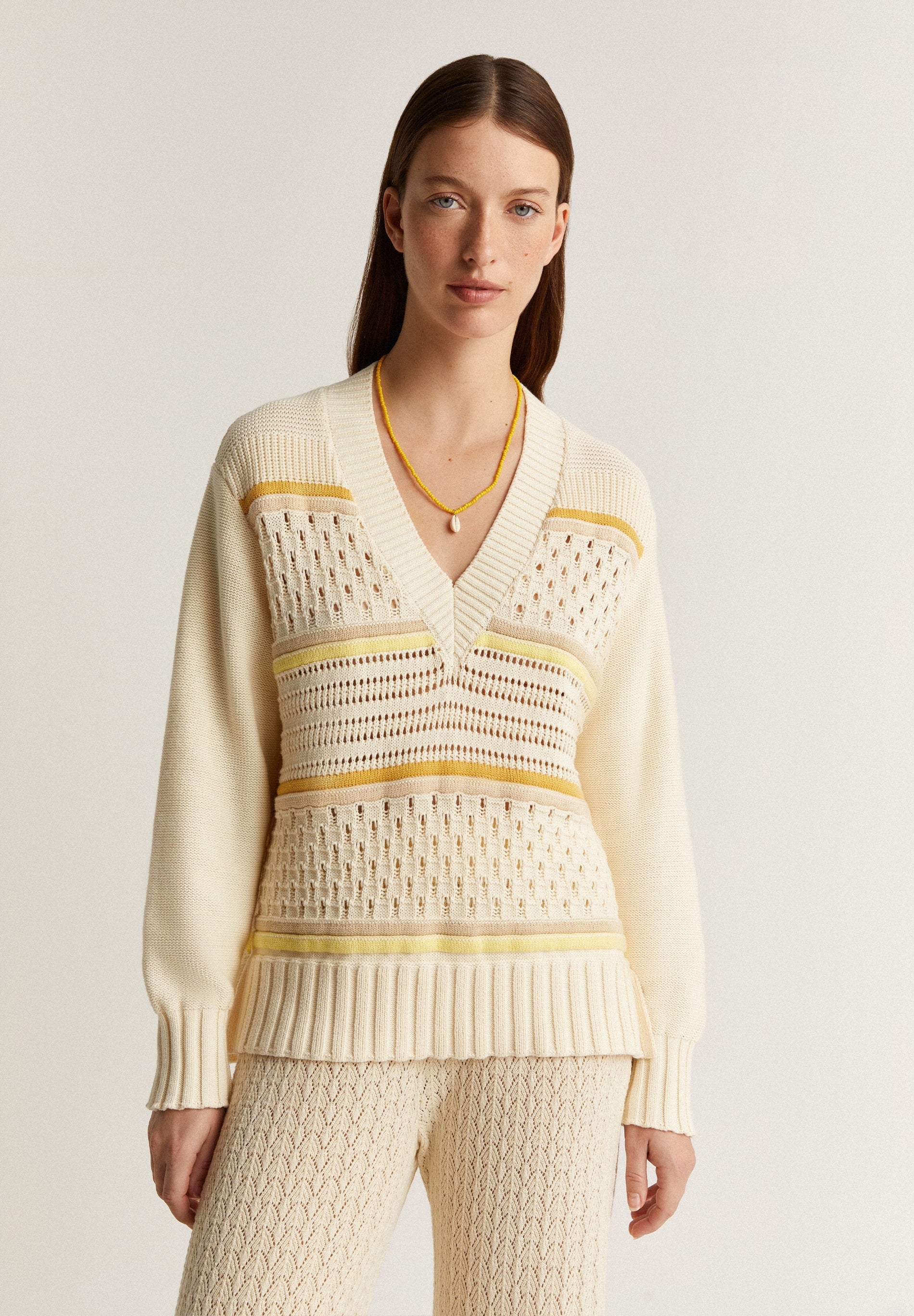 V-NECK OPEN KNIT SWEATER