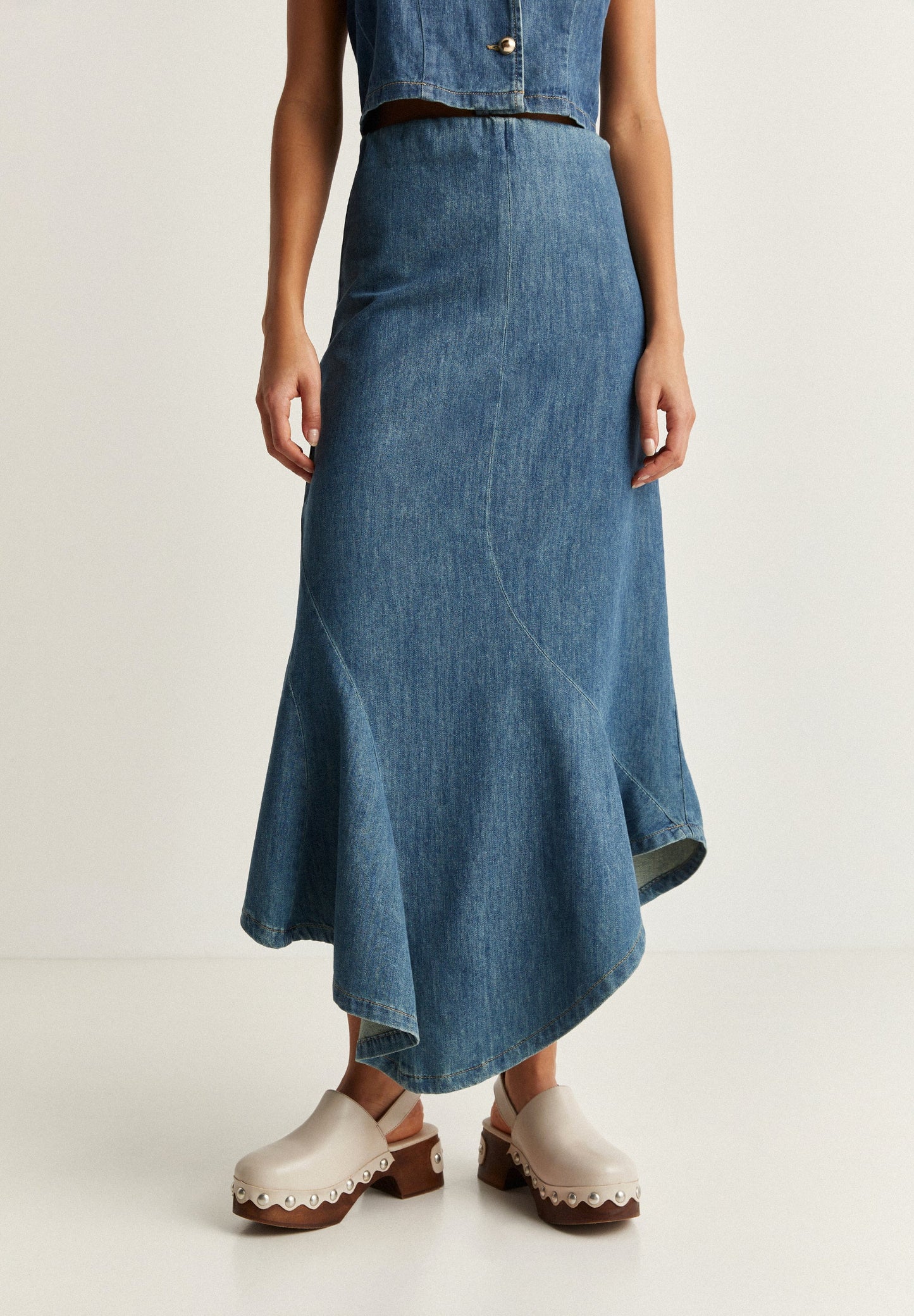 DENIM MIDI SKIRT WITH FLOUNCE HEM