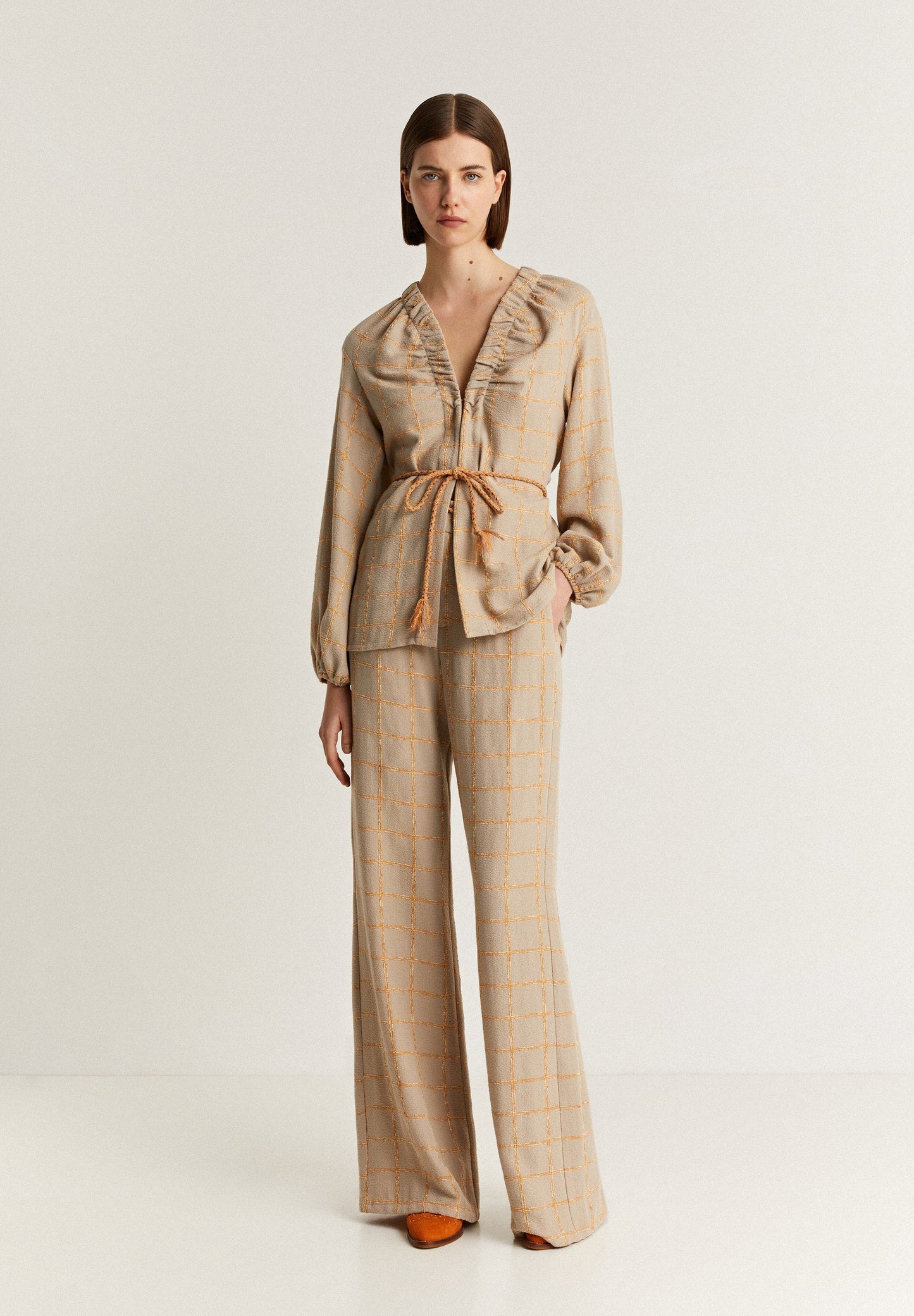 CHECK BLAZER WITH DRAWSTRING DETAIL