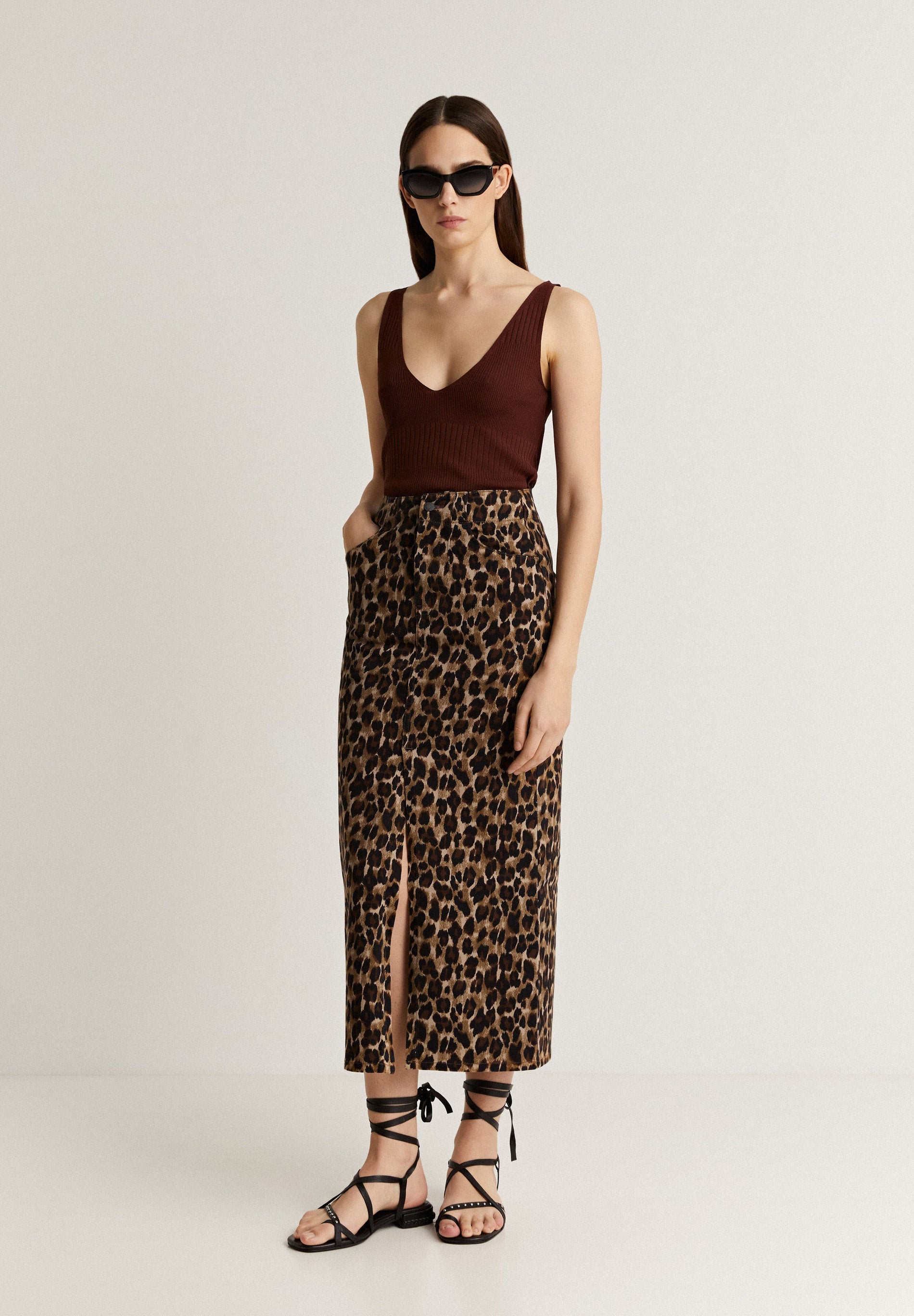 LEOPARD DENIM MIDI SKIRT