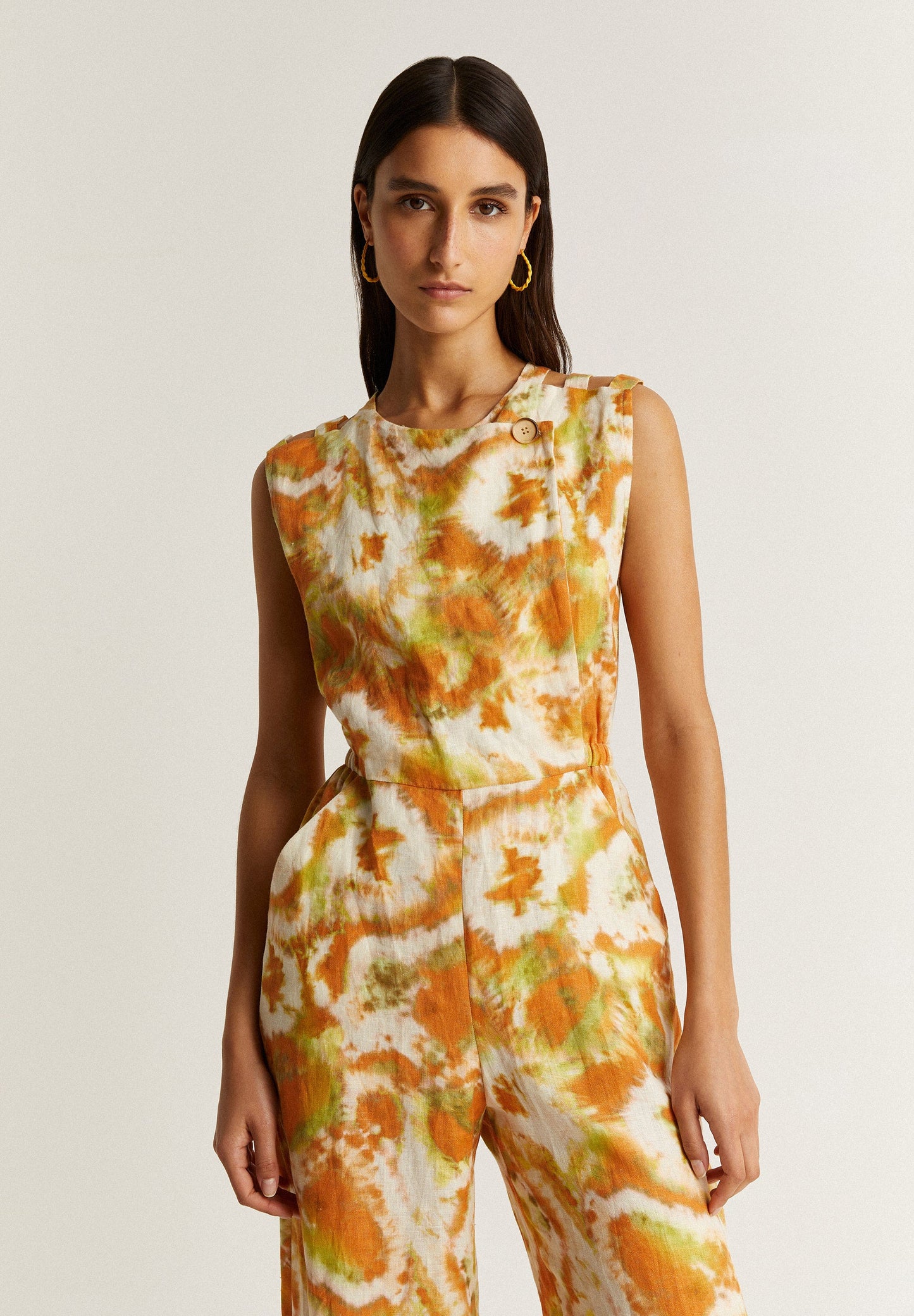TIE-DYE LINEN JUMPSUIT WITH DOUBLE MULTI-POSITION NECKLINE