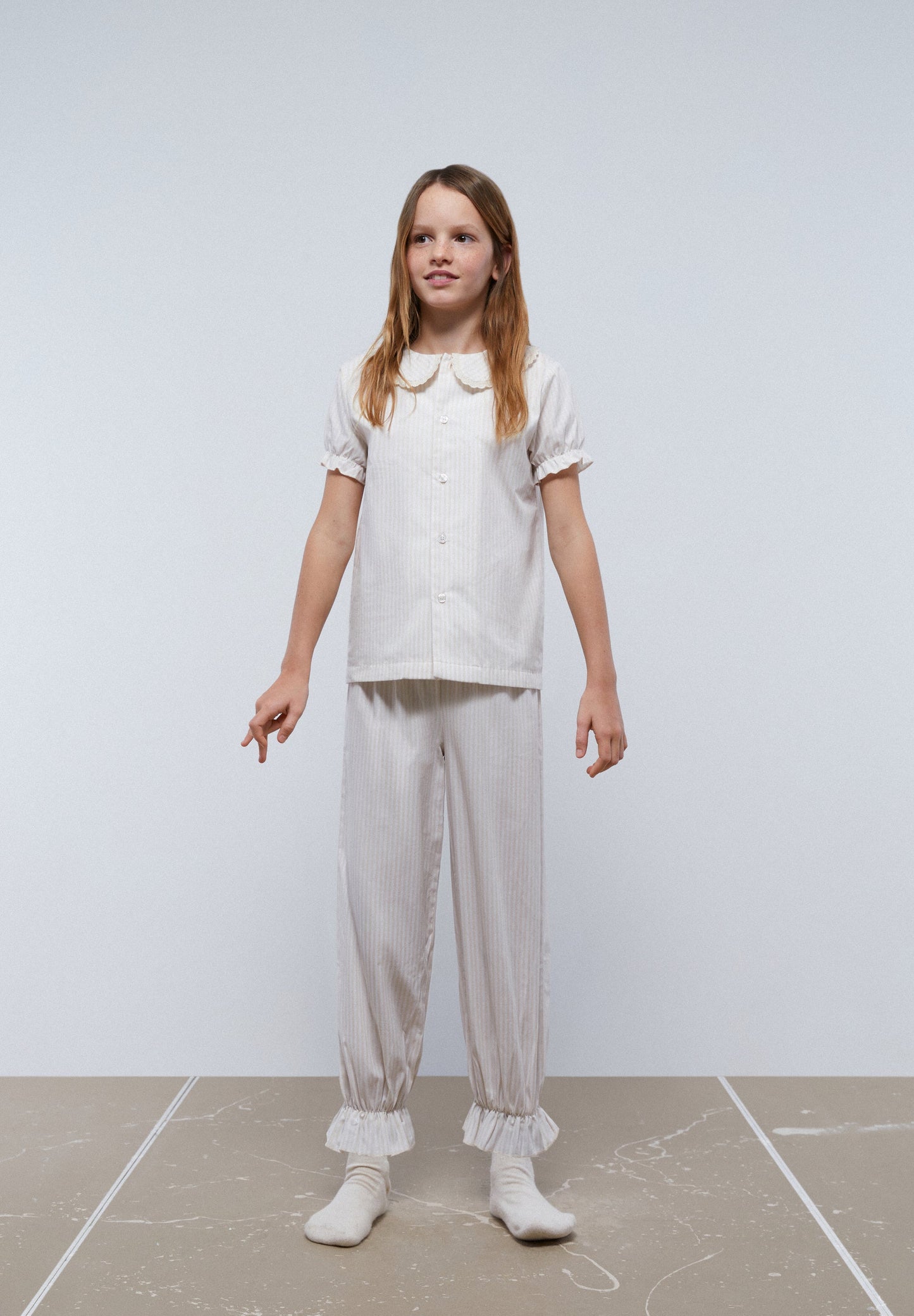 STRIPED PYJAMAS WITH EMBROIDERED COLLAR TRIM