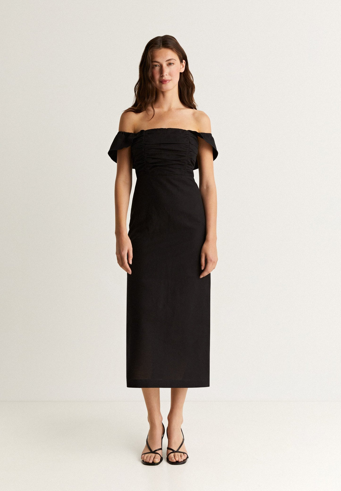 LINEN MIDI DRESS WITH DRAPED CHEST