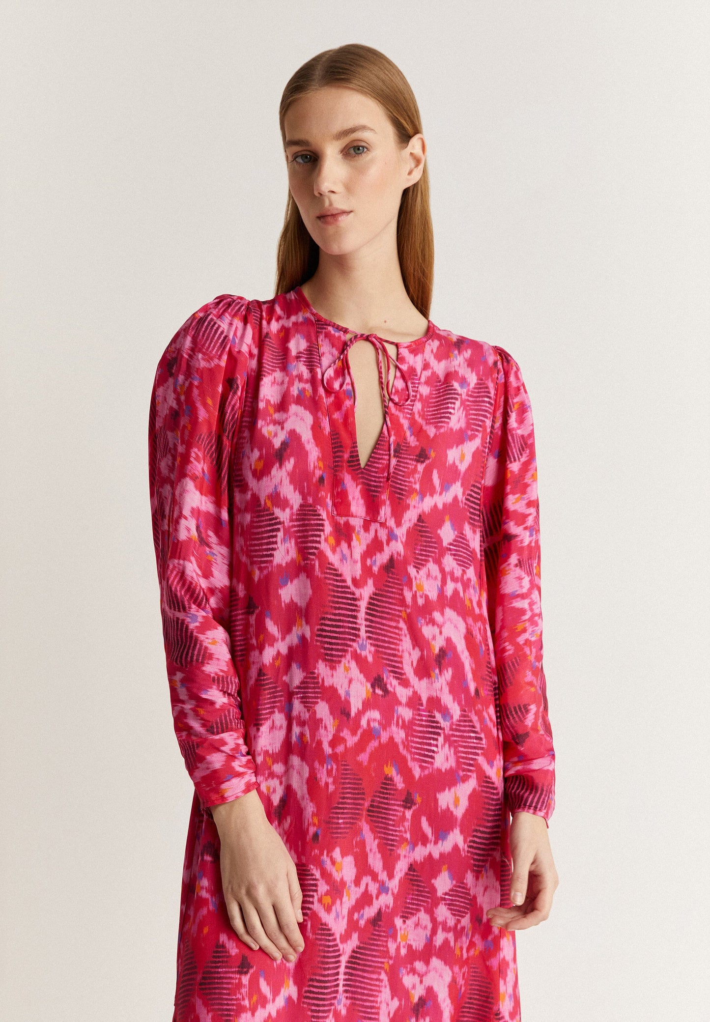 PRINTED MIDI DRESS WITH BACK BOW