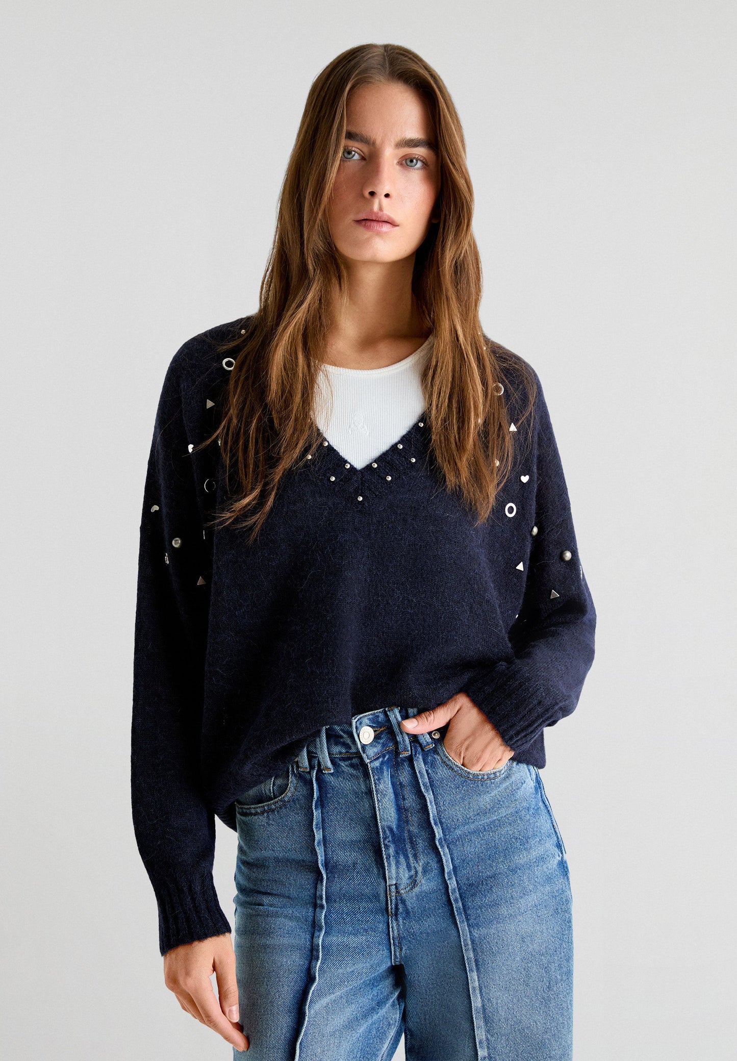 STUDDED V-NECK SWEATER