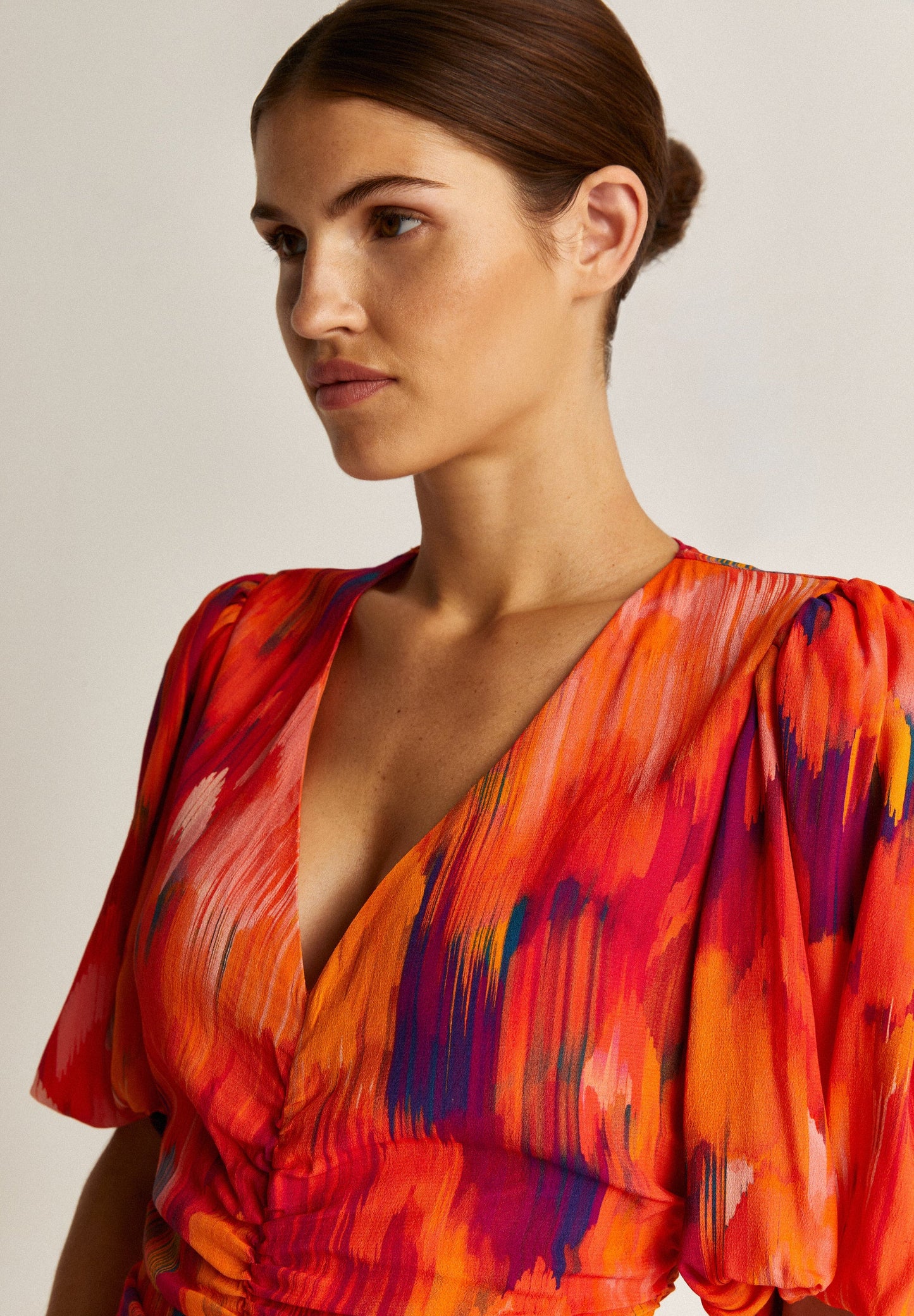 PRINTED DRESS WITH FRONT GATHERING