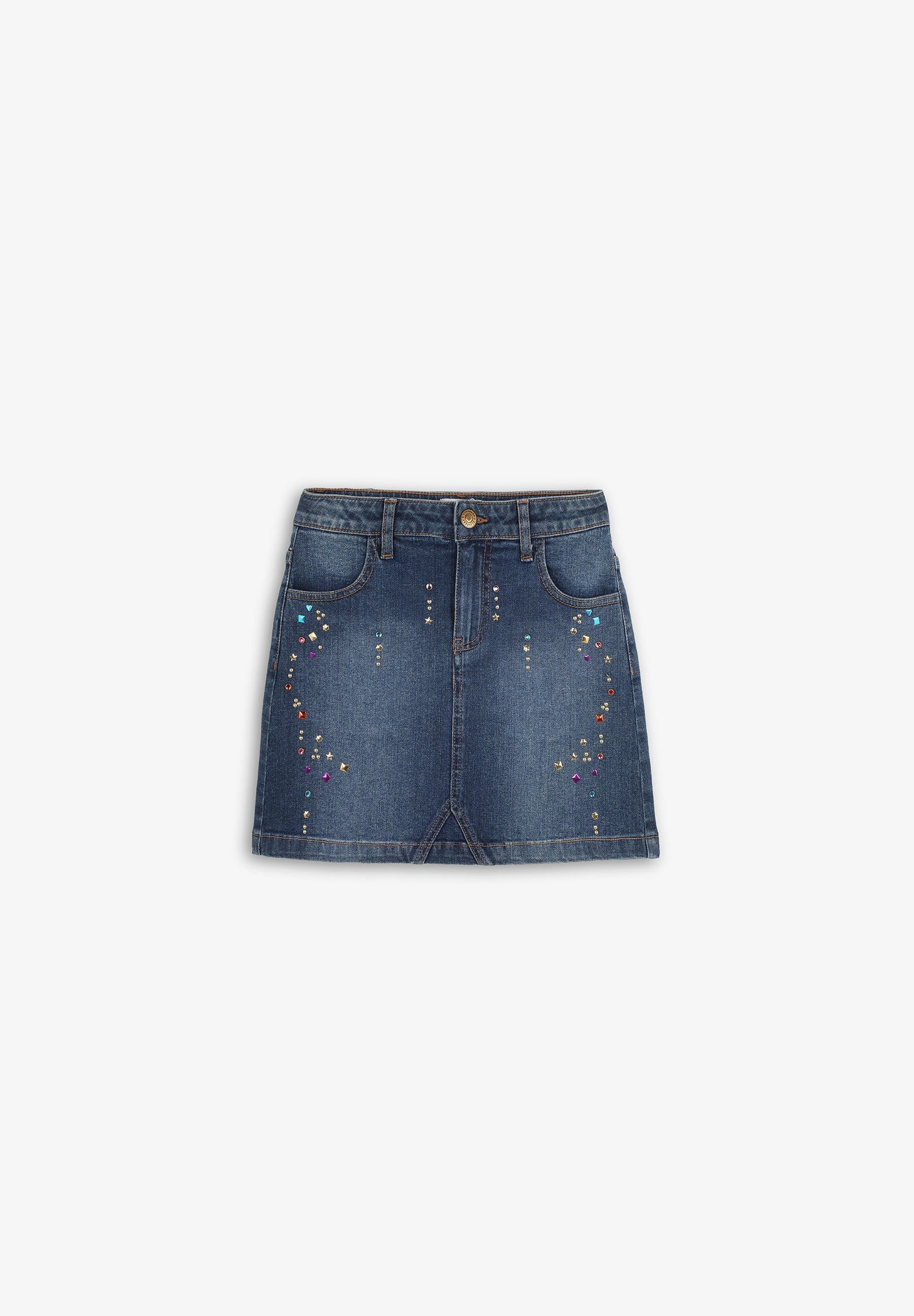 DENIM MINI SKIRT WITH CRYSTALS