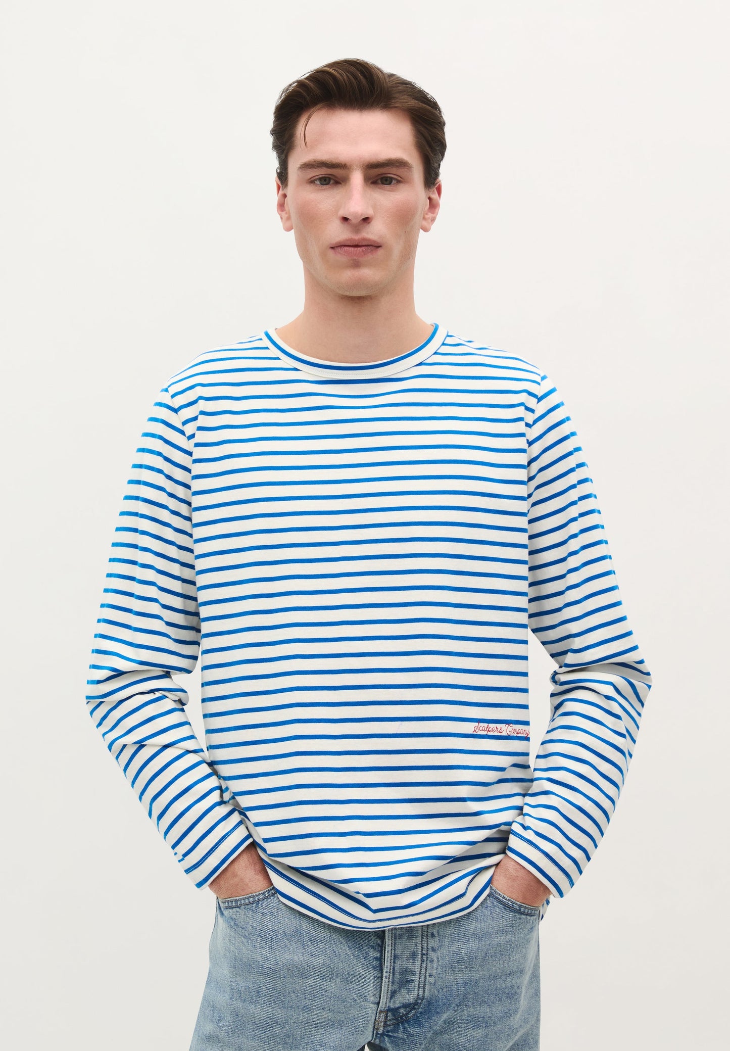 STRIPED EMB LS TEE