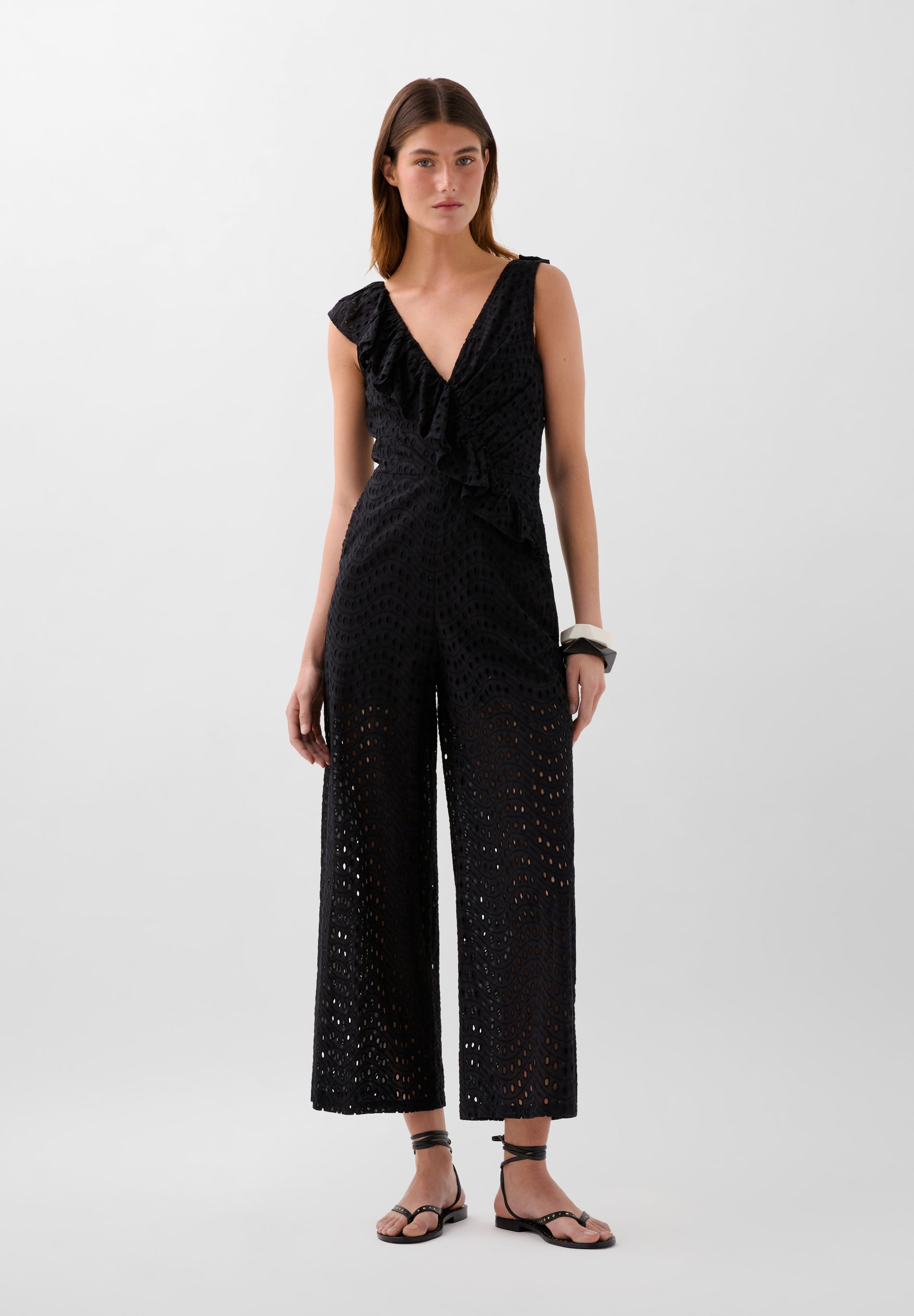 ASYMMETRIC EMBROIDERED RUFFLE JUMPSUIT