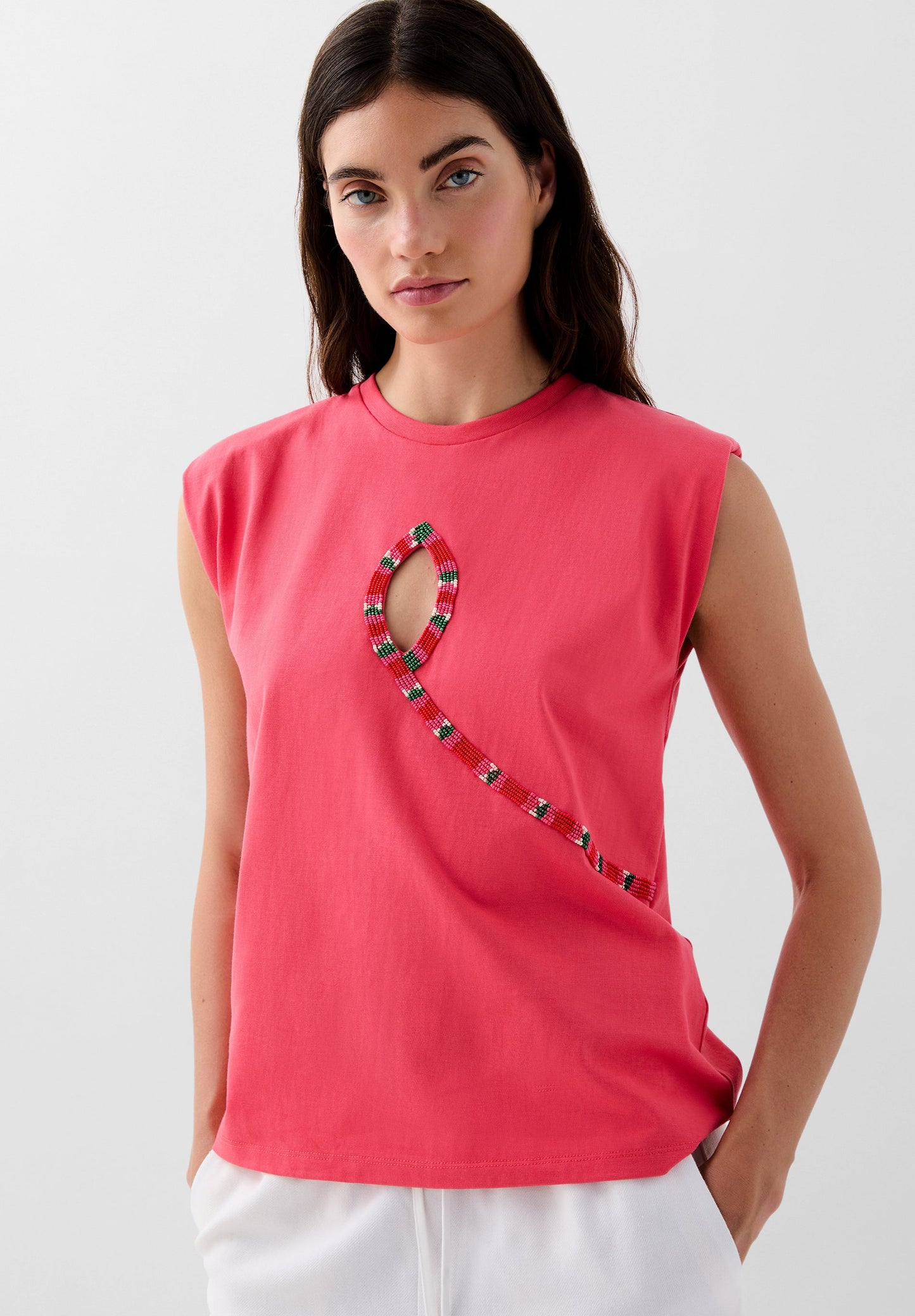 T-SHIRT WITH BEADED OPENING DETAIL