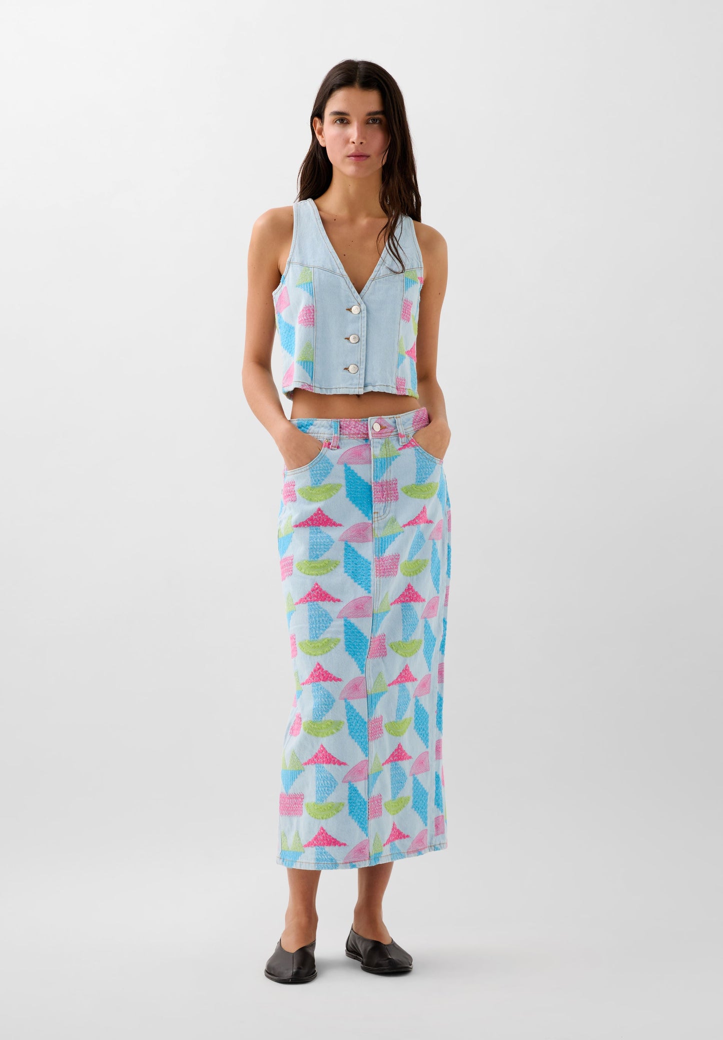 THREE-COLOURED EMBROIDERED DENIM SKIRT