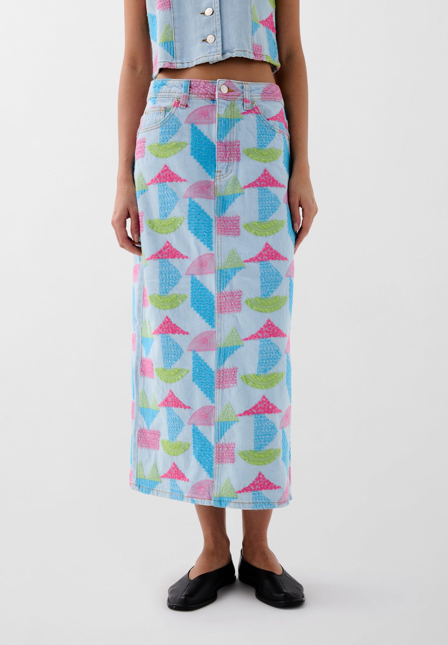 THREE-COLOURED EMBROIDERED DENIM SKIRT