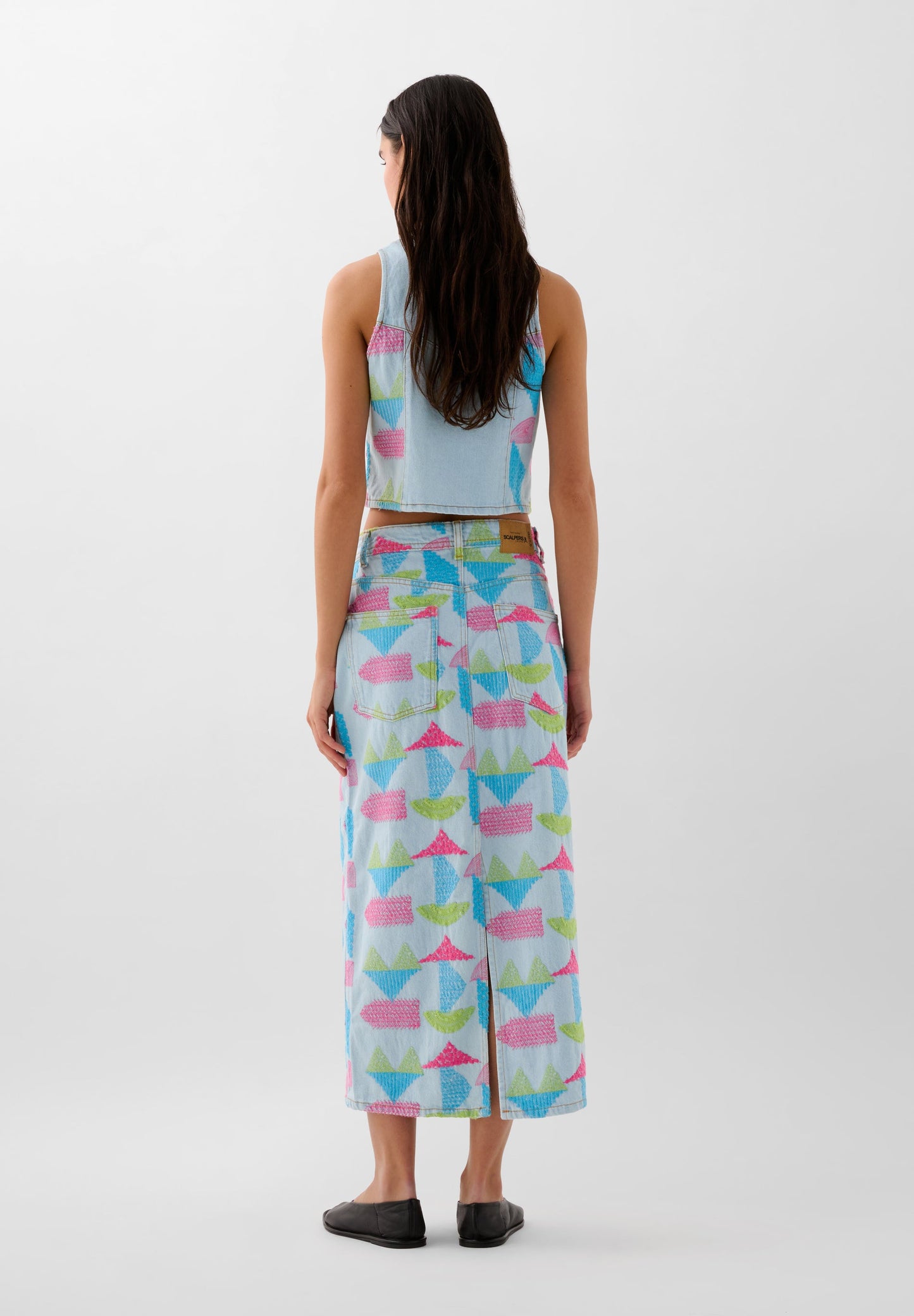 THREE-COLOURED EMBROIDERED DENIM SKIRT