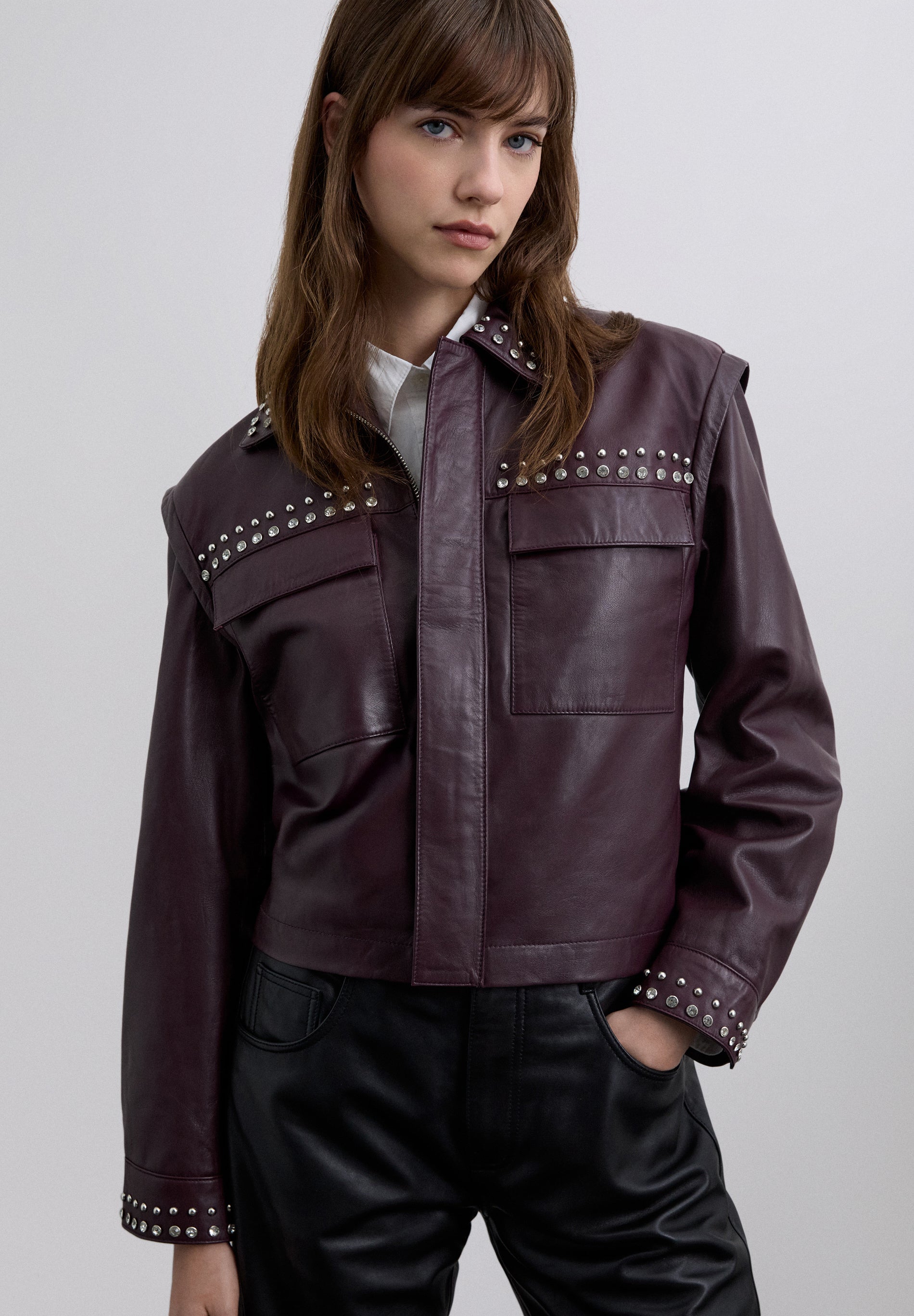 BURGUNDY LEATHER STUDDED JACKET