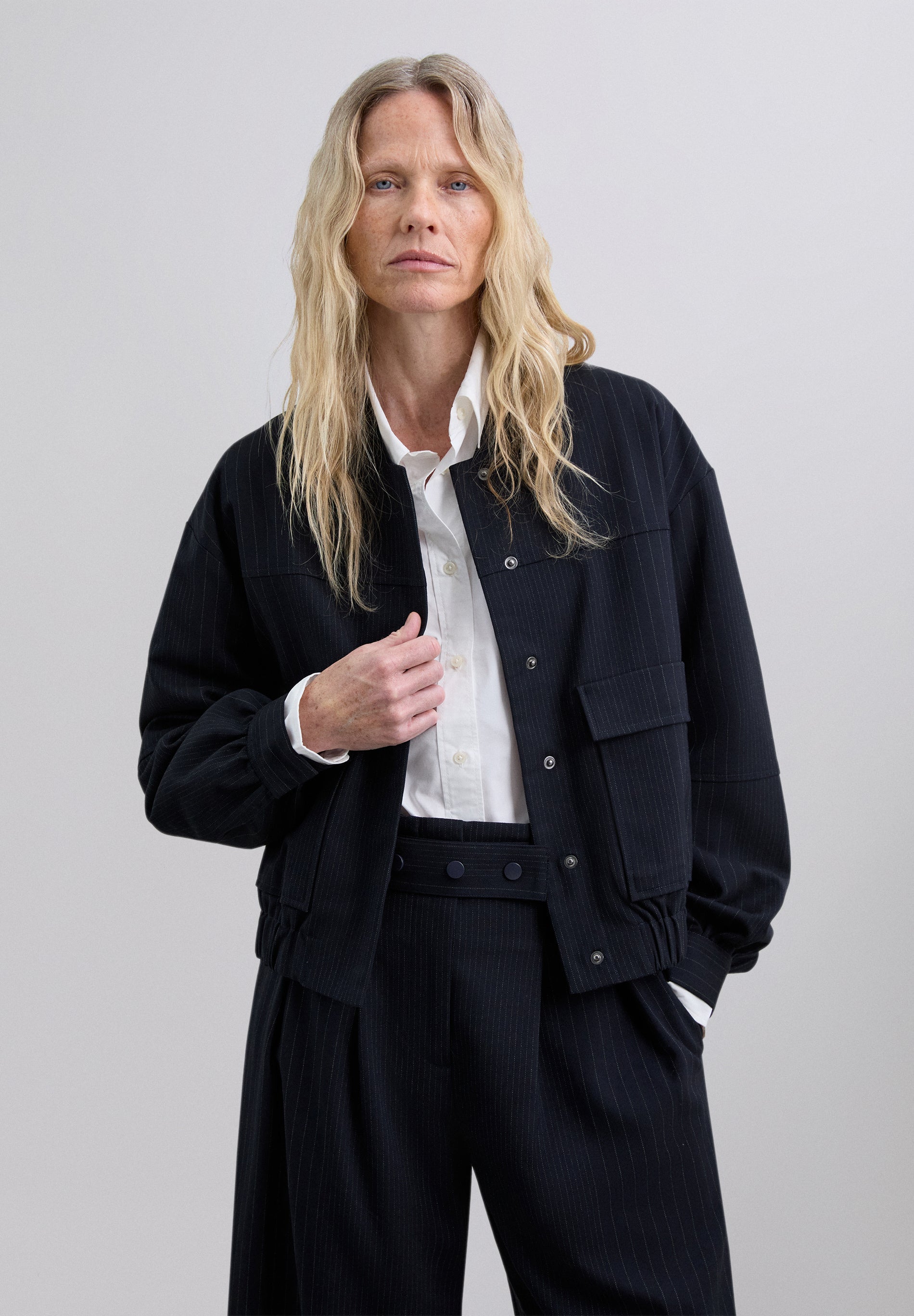PINSTRIPE BOMBER JACKET