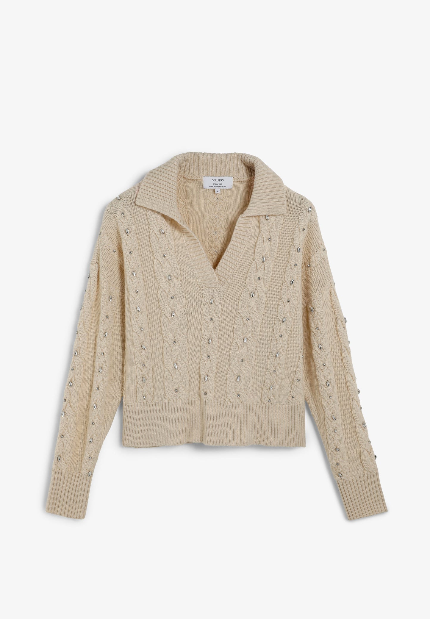 CABLE KNIT POLO SWEATER WITH RHINESTONES